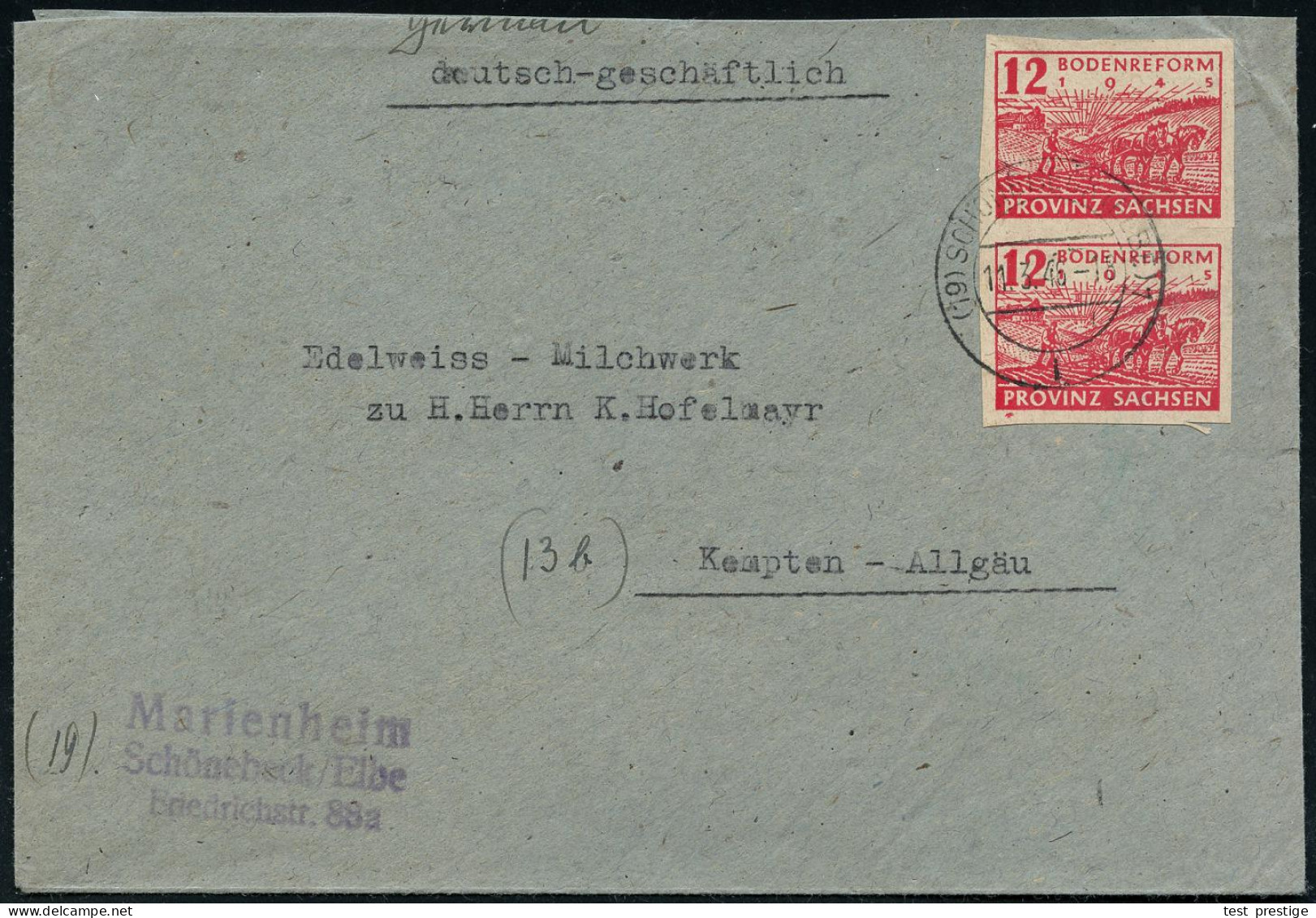 S.B.Z. PROV.SACHSEN 1946 (11.3.) 12 Pf. Bodenreform, Paar Sauber Gest. (Schönebeck/Elbe) Inl-Bf. (Mi.86/MeF) - SOWJETISC - Autres & Non Classés
