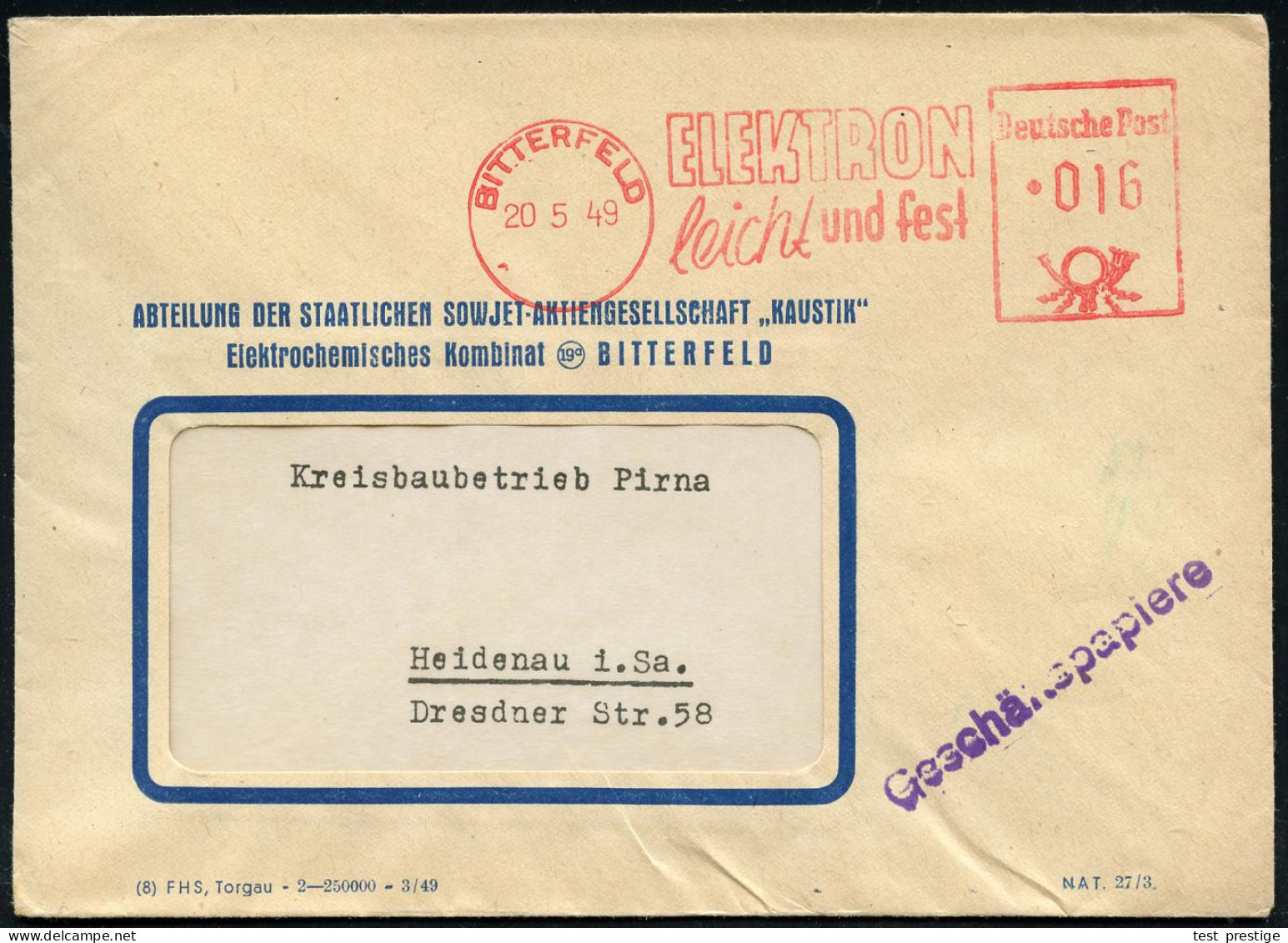 BITTERFELD/ ELEKTRON/ Leicht U.fest 1949 (20.5.) AFS Francotyp Auf Firmen-Bf.: ABTEILUNG DER STAATL. SOWJET-A.G. "KAUSTI - Otros & Sin Clasificación