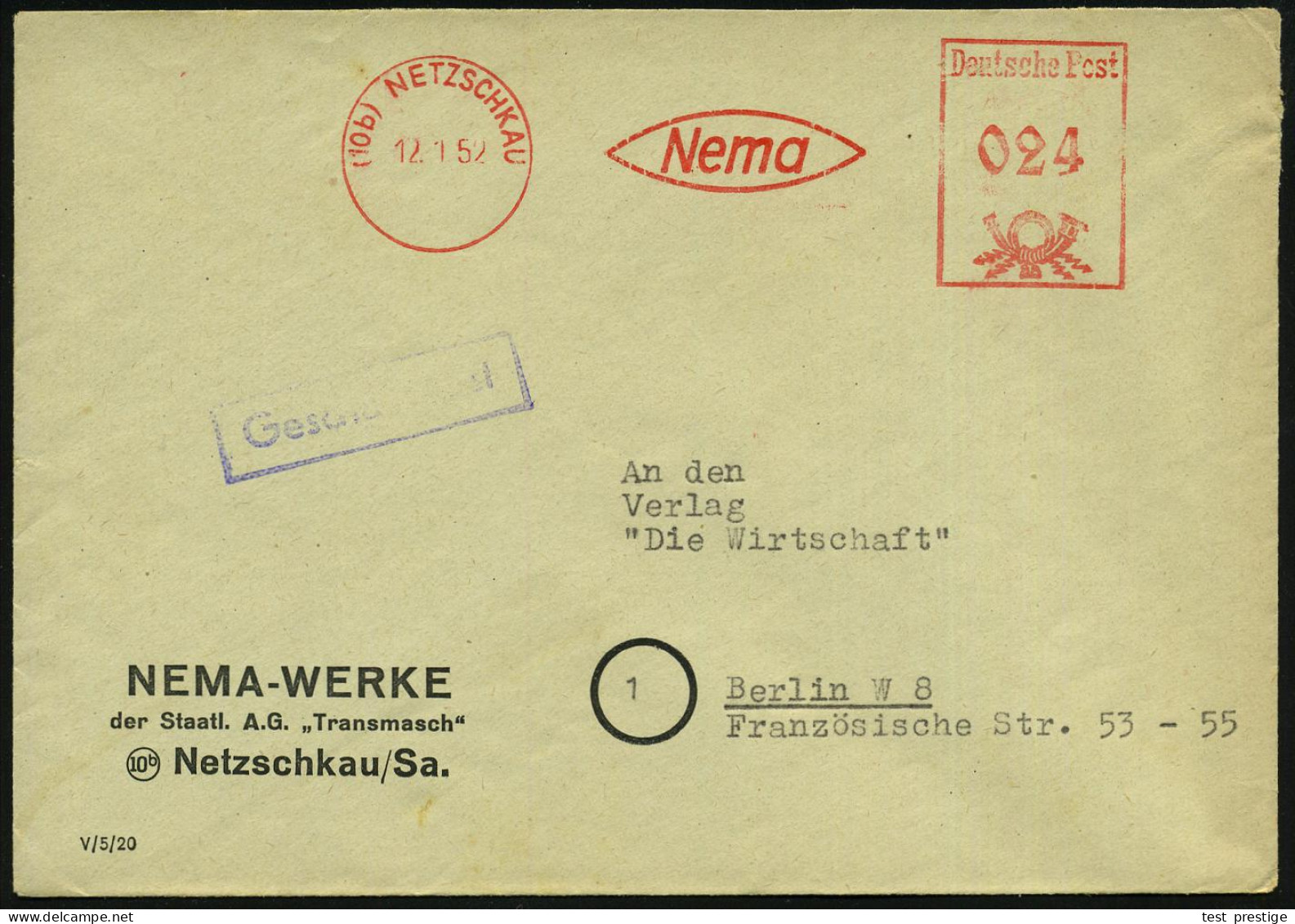(10b) NETZKAU/ Nema 1952 (21.2.) AFS  Francotyp Typ "Posthorn" Auf Seltener Firmen-Bf.: NEMA-WERKE Der Staatl. A.G. "Tra - Autres & Non Classés