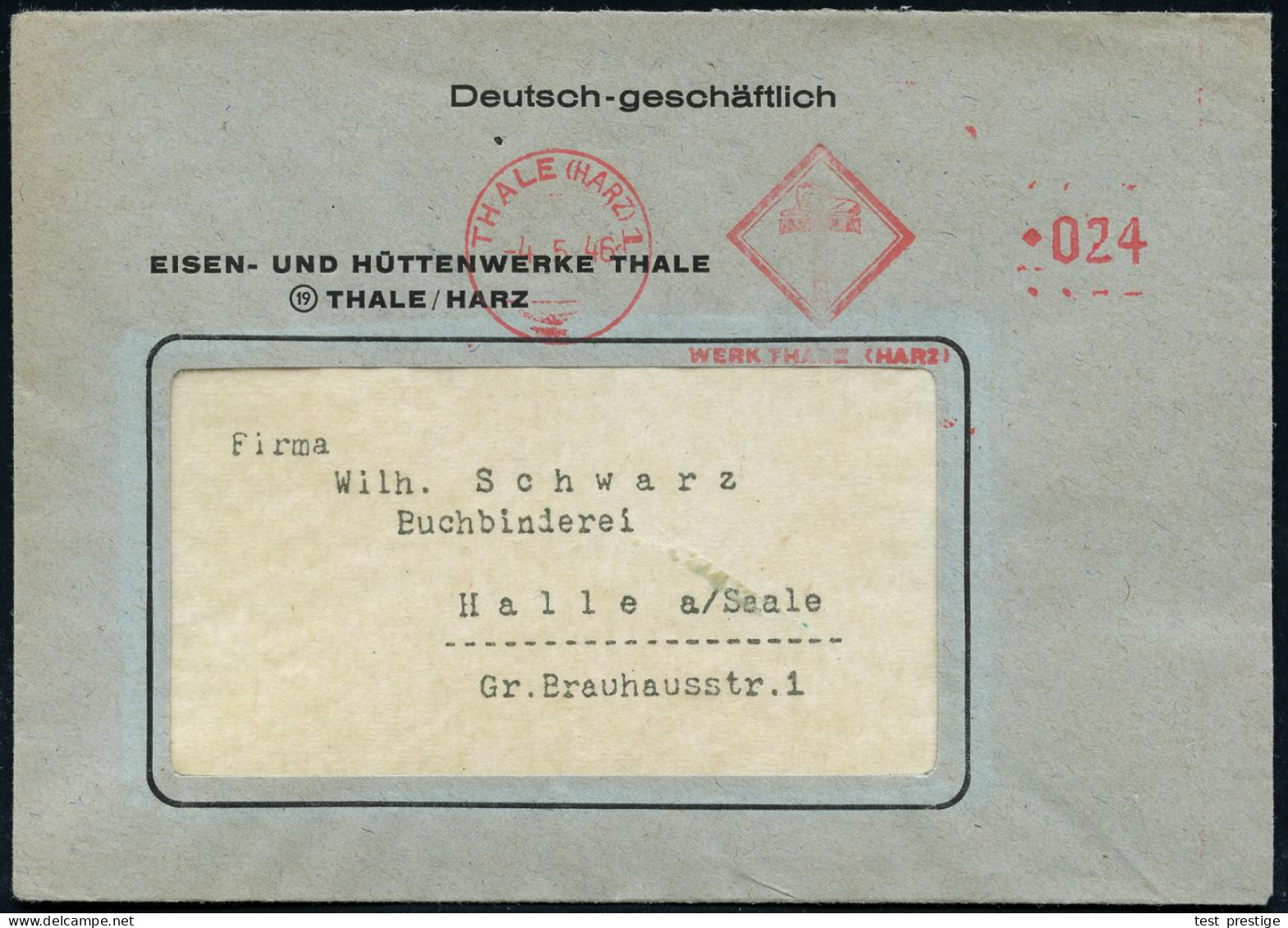 THALE (HARZ) 1/ T/ WERK THALE HARZ 1946 (4.5.) Total Aptierter AFS Francotyp "Reichsadler" = Wertrahmen Kompl. Entfernt  - Autres & Non Classés