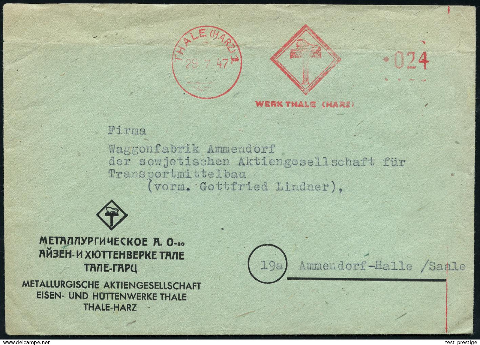 THALE (HARZ) 1/ WERK THALE (HARZ) 1947 (29.7.) Total Aptierter AFS Francotyp = Wertrahmen Kompl. Entfernt (altes Firmen- - Sonstige & Ohne Zuordnung