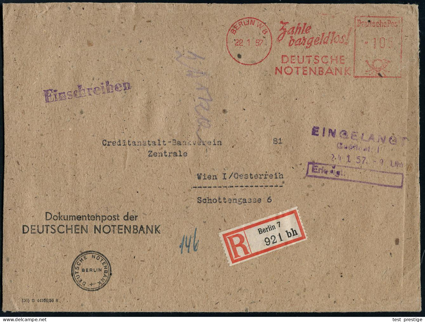 BERLIN W 8/ Zahle/ Bargeldlos!/ DEUTSCHE/ NOTENBANK 1957 (22.1.) AFS Francotyp 105 Pf. + Alter Reichs-R-Zettel: Berlin 7 - Autres & Non Classés