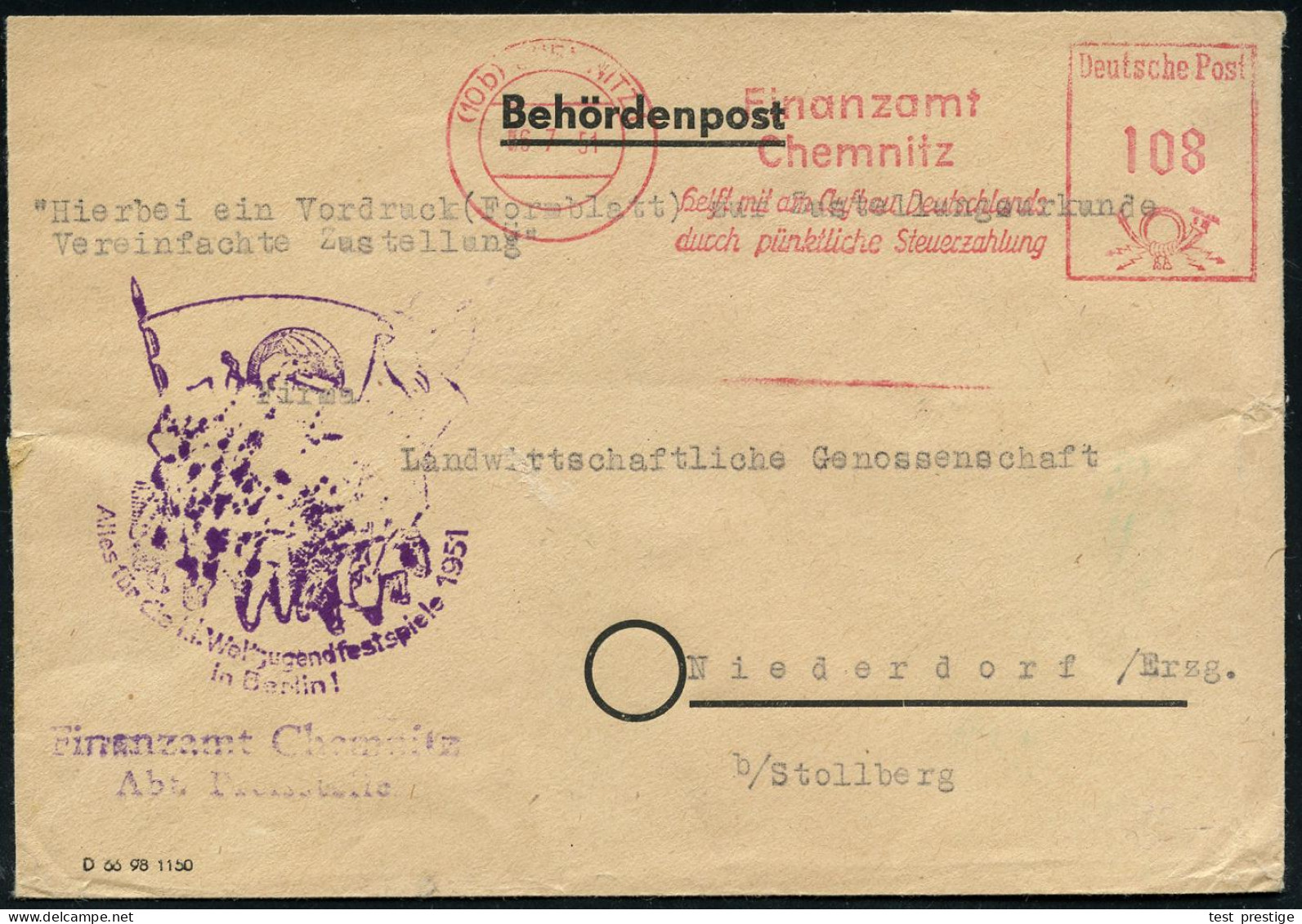 (10b) CHEMNITZ 1/ Finanzamt/ Chemnitz/ Helft Mit Am Aufbau Deutschlands/ Durch Pünktliche Steuerzahlung 1951 (6.7.) AFS  - Sonstige & Ohne Zuordnung