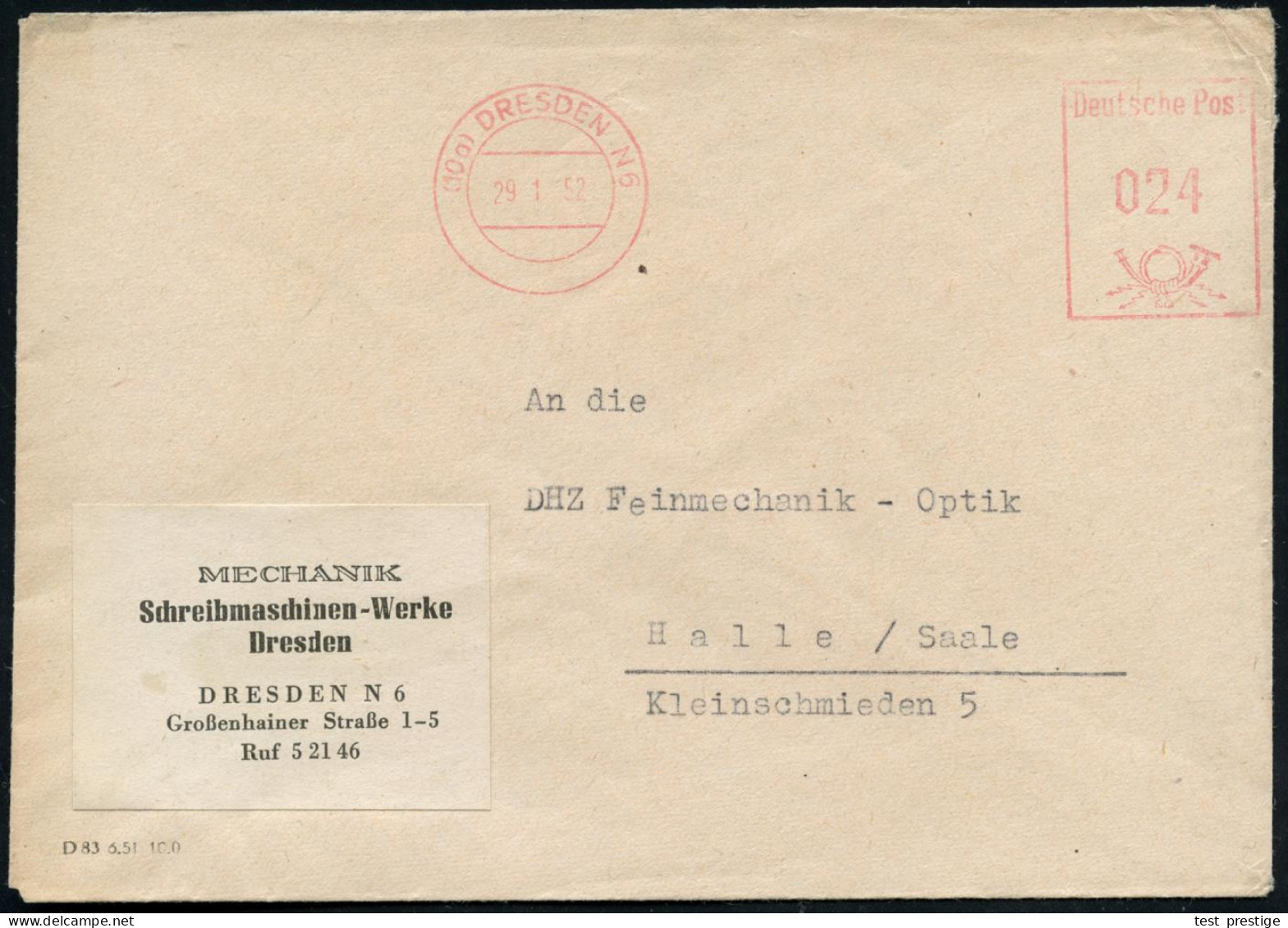 (10a) DRESDEN N 6 1952 (29.1.) Aptierter AFS Francotyp Ohne Werbeklischee Auf überklebtem Firmen-Bf.: MECHANIK Schreibma - Other & Unclassified