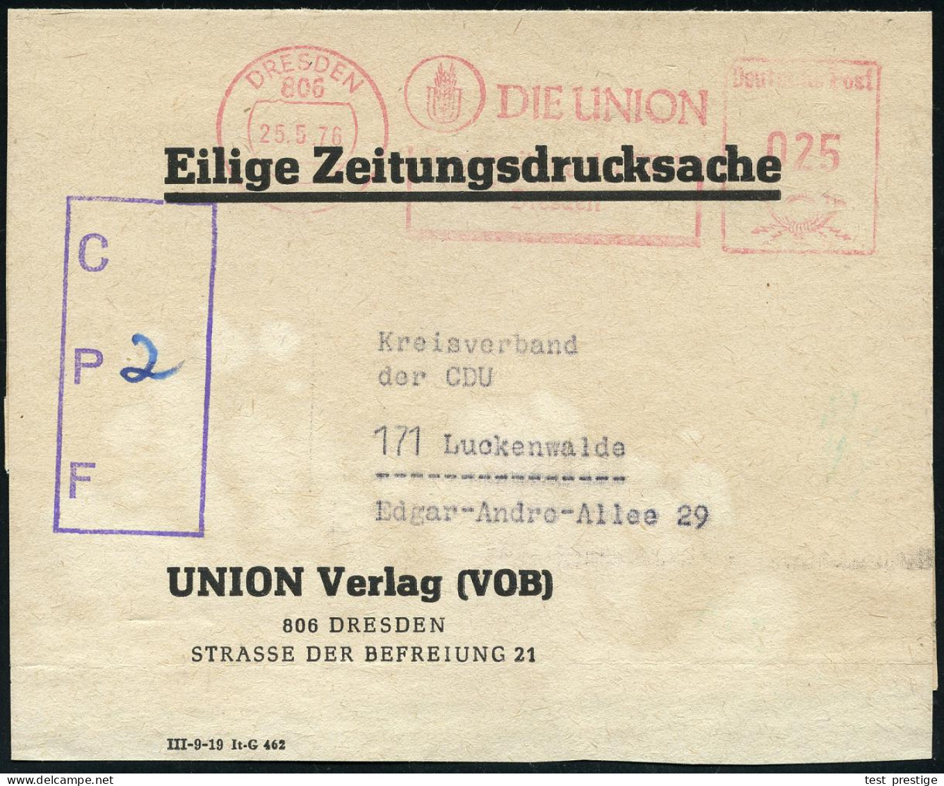 806 DRESDEN/ DIE UNION.. 1976 (25.5.) AFS 025 Pf. A.Zeitungs-SB: UNION Verlag (VOB), Seltene Portostufe = 3.Gew.Stufe Dr - Autres & Non Classés