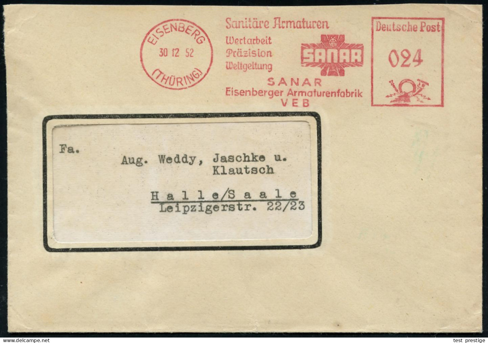 EISENBERG/ (THÜRING)/ Sanitäre Armaturen/ VEB/ SANAR.. 1952 (30.12.) AFS Francotyp (Logo) Rs.alter Abs. Fa.Trassler & St - Other & Unclassified