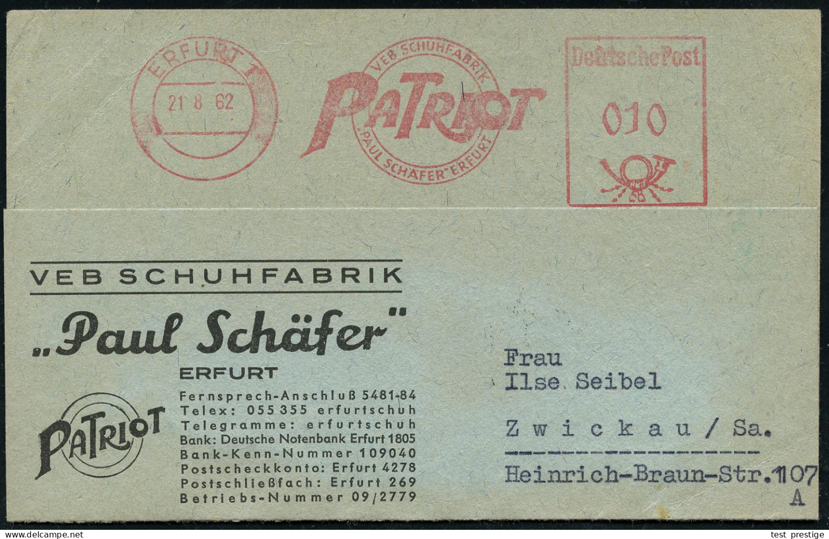 ERFURT 1/ PATRIOT/ VEB SCHUFABRIK/ "PAUL SCHÄFER" 1962 (21.8.) AFS Francotyp (Logo) Auf Motivgl. Firmen-Kt.: Paul Schäfe - Other & Unclassified