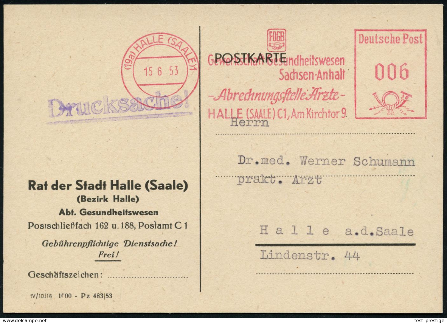 (19a) HALLE (SAALE) 1/ FDGB/ Gewerkschaft Gesundheitswesen/ Sachsen-Anhalt/ Abrechnungsstelle Ärzte.. 1953 (15.6.) AFS F - Otros & Sin Clasificación