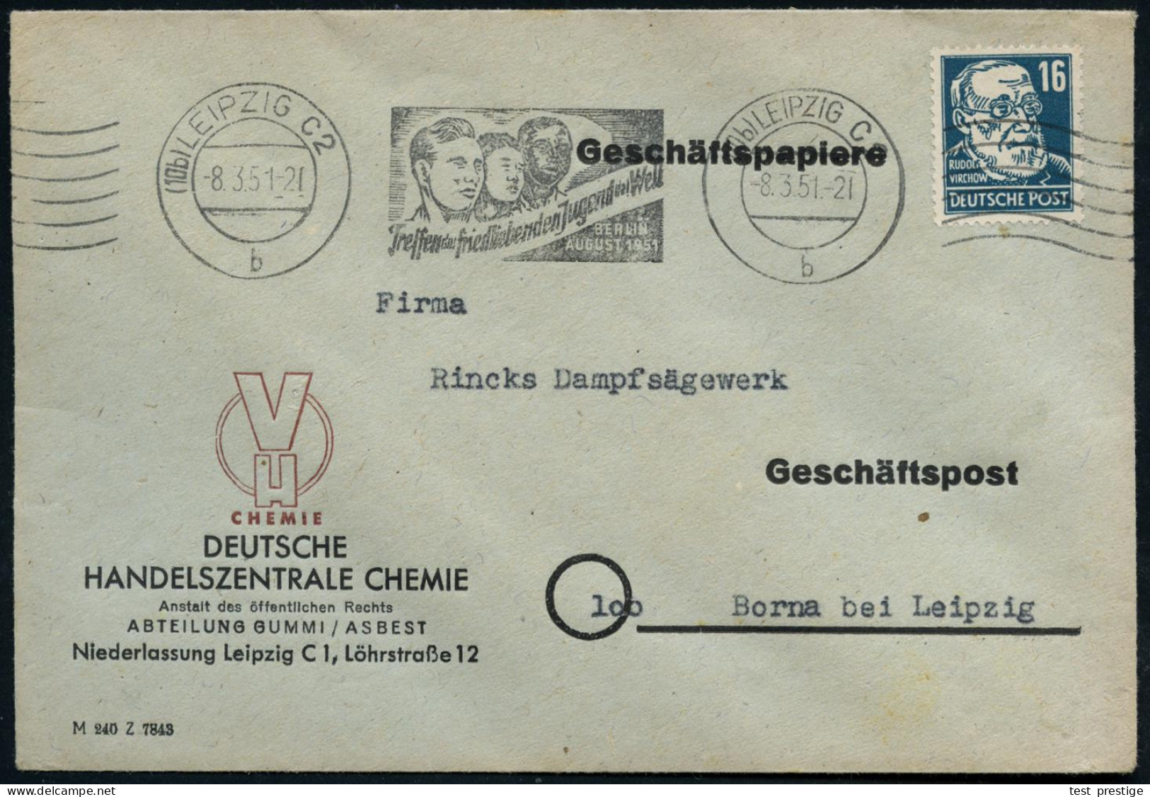 (10b) LEIPZIG C2/ B/ Treffen Der Friedliebenden Jugend Der Welt.. 1951 (März) Seltener Serien-MWSt + 6 Wellen = Weltjuge - Other & Unclassified