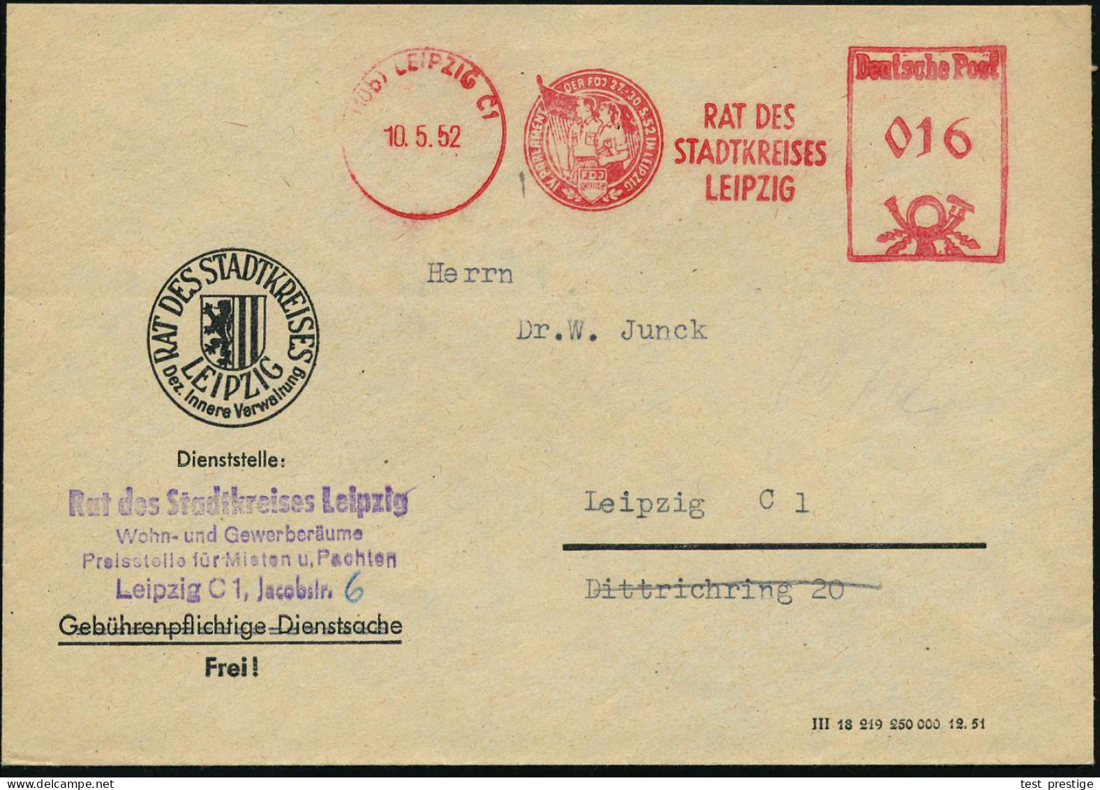 (10b) LEIPZIG C1/ RAT DES/ STADTKREISES/ IV.PARLAMENT DER FDJ.. 1952 (10.5.) Seltener AFS Francotyp (= 2 FDJ-ler Mit Fla - Other & Unclassified