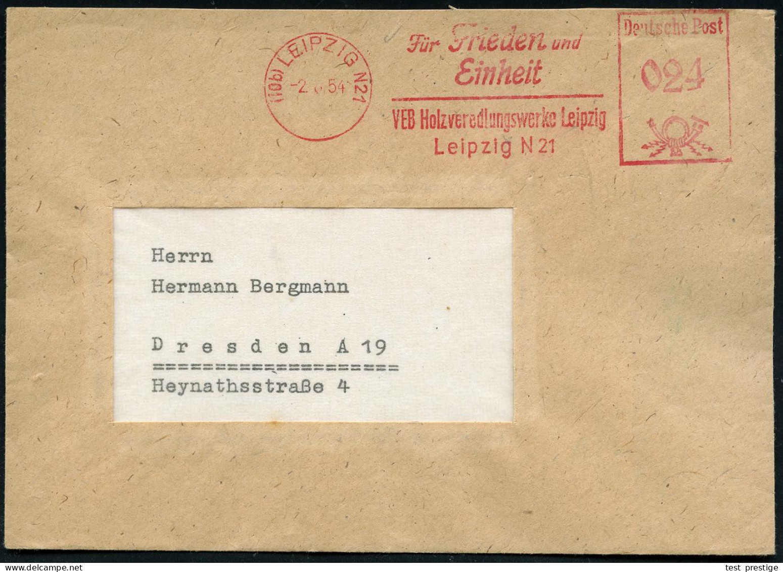 (10b) LEIPZIG N21/ Für Frieden U./ Einheit/ VEB Holzveredlungswerke 1954/58 Roter  U N D   Blauer AFS Francotyp (1x Apt. - Other & Unclassified