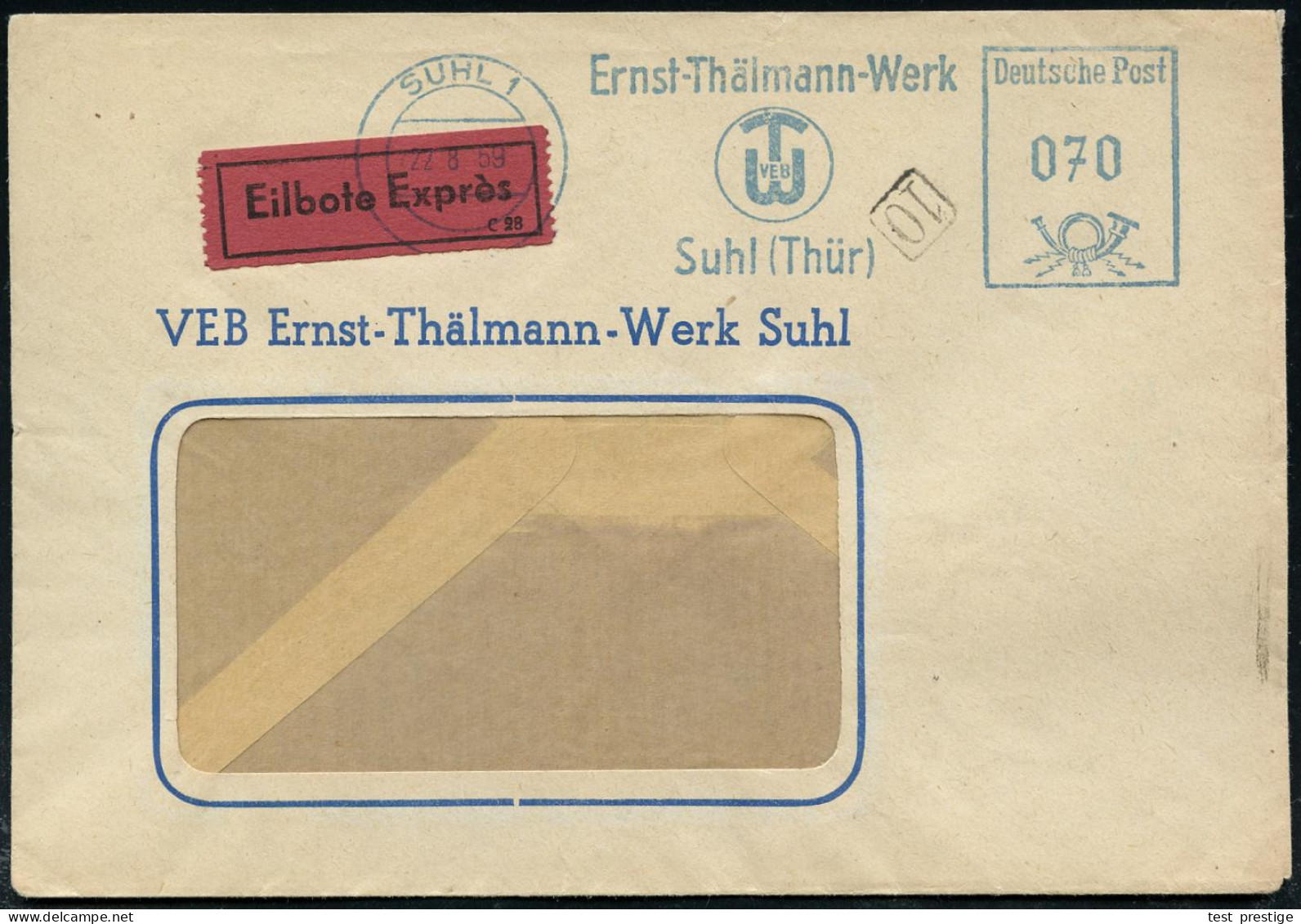 SUHL 1/ Ernst-Thälmann-Werk/ VEB/ TW 1059 (22.8.) Blauer AFS Francotyp 070 Pf. Auf Firmen-Bf.: VEB Ernst Thälmann.. = Ko - Autres & Non Classés