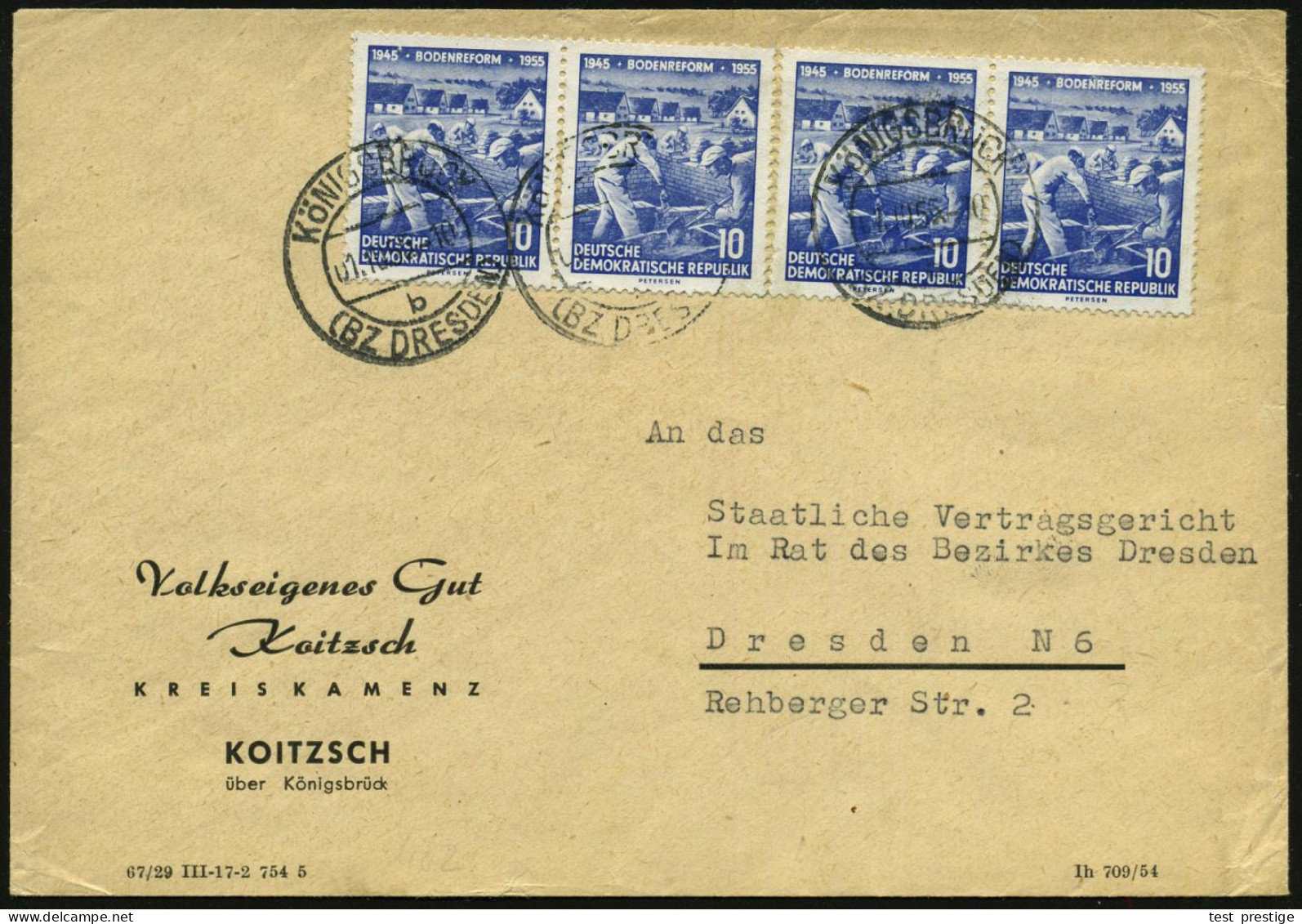 D.D.R. 1956 (1.10.) 10 Pf. "10 Jahre Bodenreform", Reine MeF: Vertikaler 4er-Streifen (Neubausiedlung, Maurer) Sauber Ge - Other & Unclassified