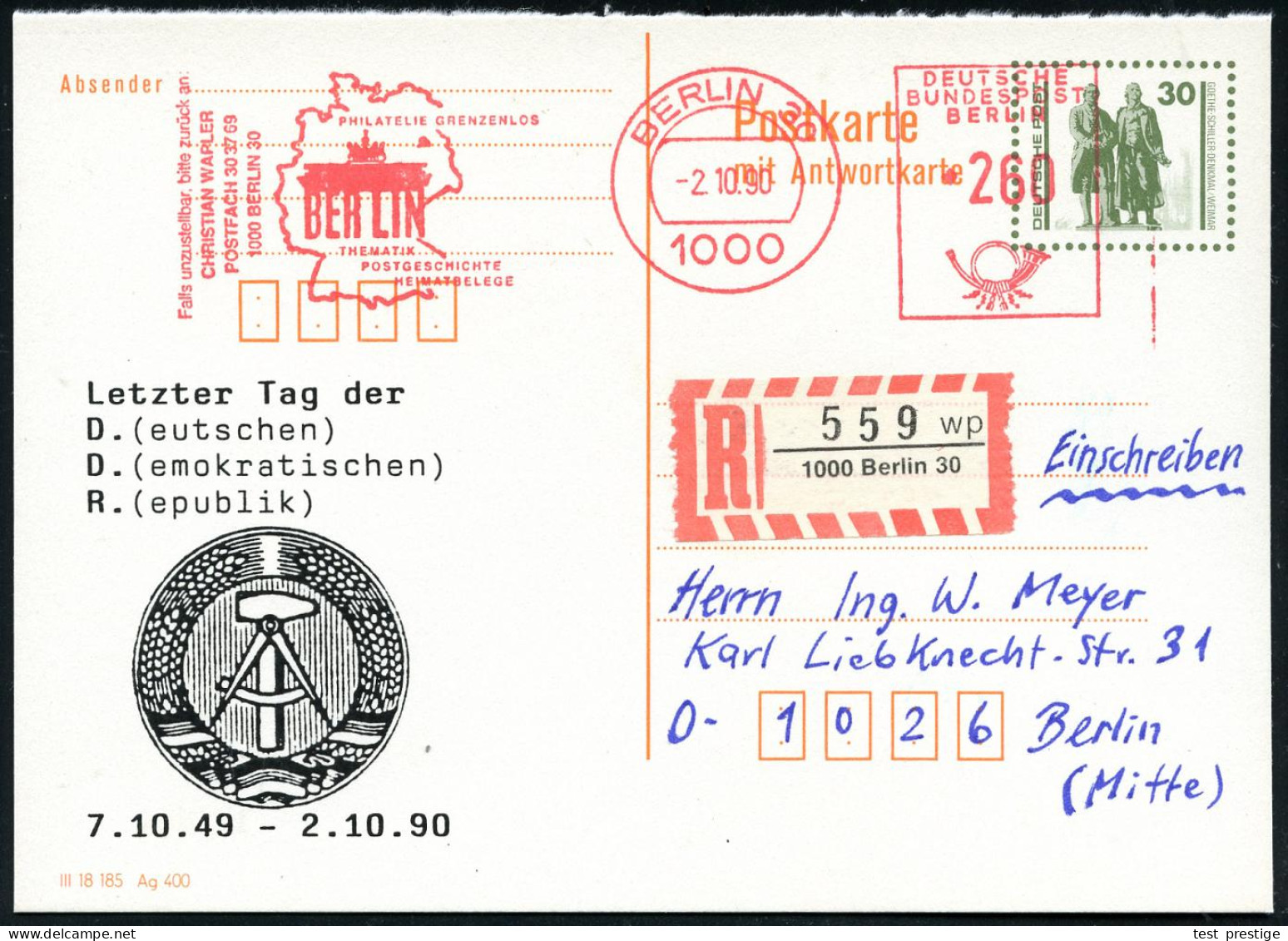 D.D.R. /  V.G.O. /  BERLIN 1990 (2.10.) AFS 260 Pf. (Brandenbg. Tor) Als VE Auf Amtl. Frage-P 30 Pf. VGO Goethe/Schiller - Autres & Non Classés