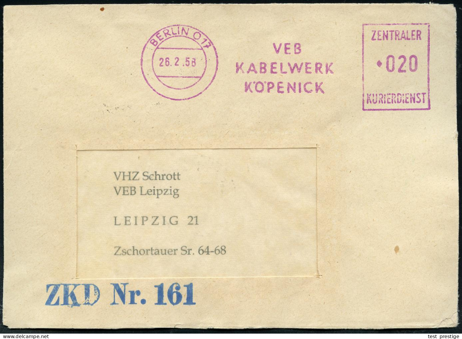 BERLIN O17/ VEB/ KABELWERK/ KÖPENICK/ ZKD 1958 (28.2.) Viol. ZKD-AFS Francotyp + Blauer 1L: ZKD Nr. 161 , ZKD-Fern-Bf. N - Sonstige & Ohne Zuordnung