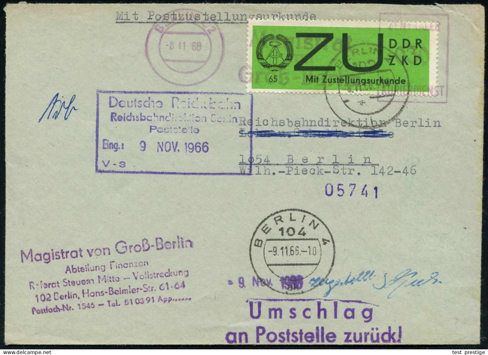 BERLIN C 2/ Magistrat/ Von/ Groß-Berlin/ ZKD 1968 (8.11.) Lila ZKD-AFS Francotyp Auf Grüner ZKD-Marke: ZU, Mit Zustellun - Autres & Non Classés