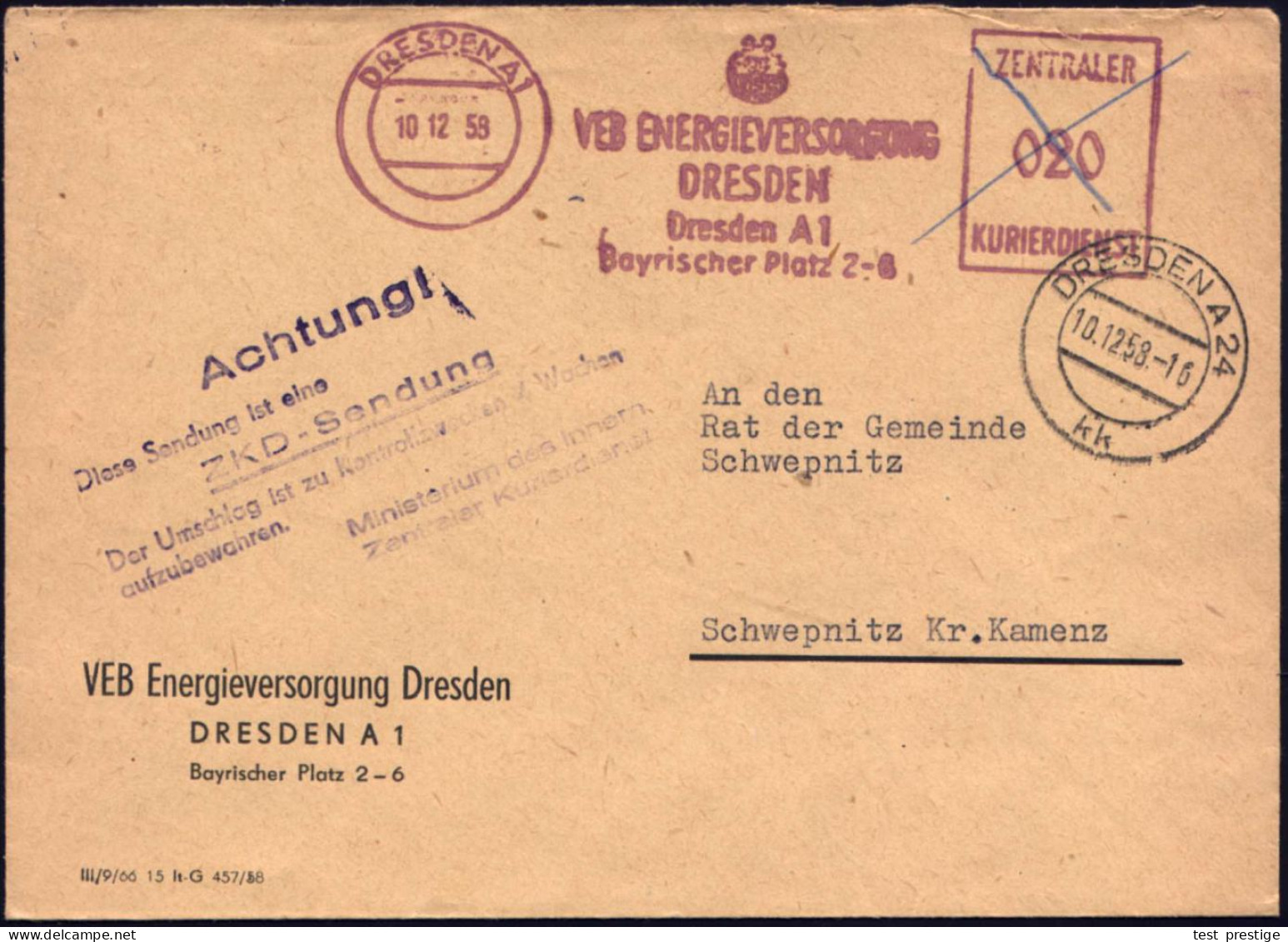 DRESDEN A1/ VEB ENERGIEVERSORGUNG../ ZKD 1958 (10.12.) Lila AFS 020 Pf., Wertrahmen Durchkreuzt + Viol. 7L: ..Diese Send - Other & Unclassified