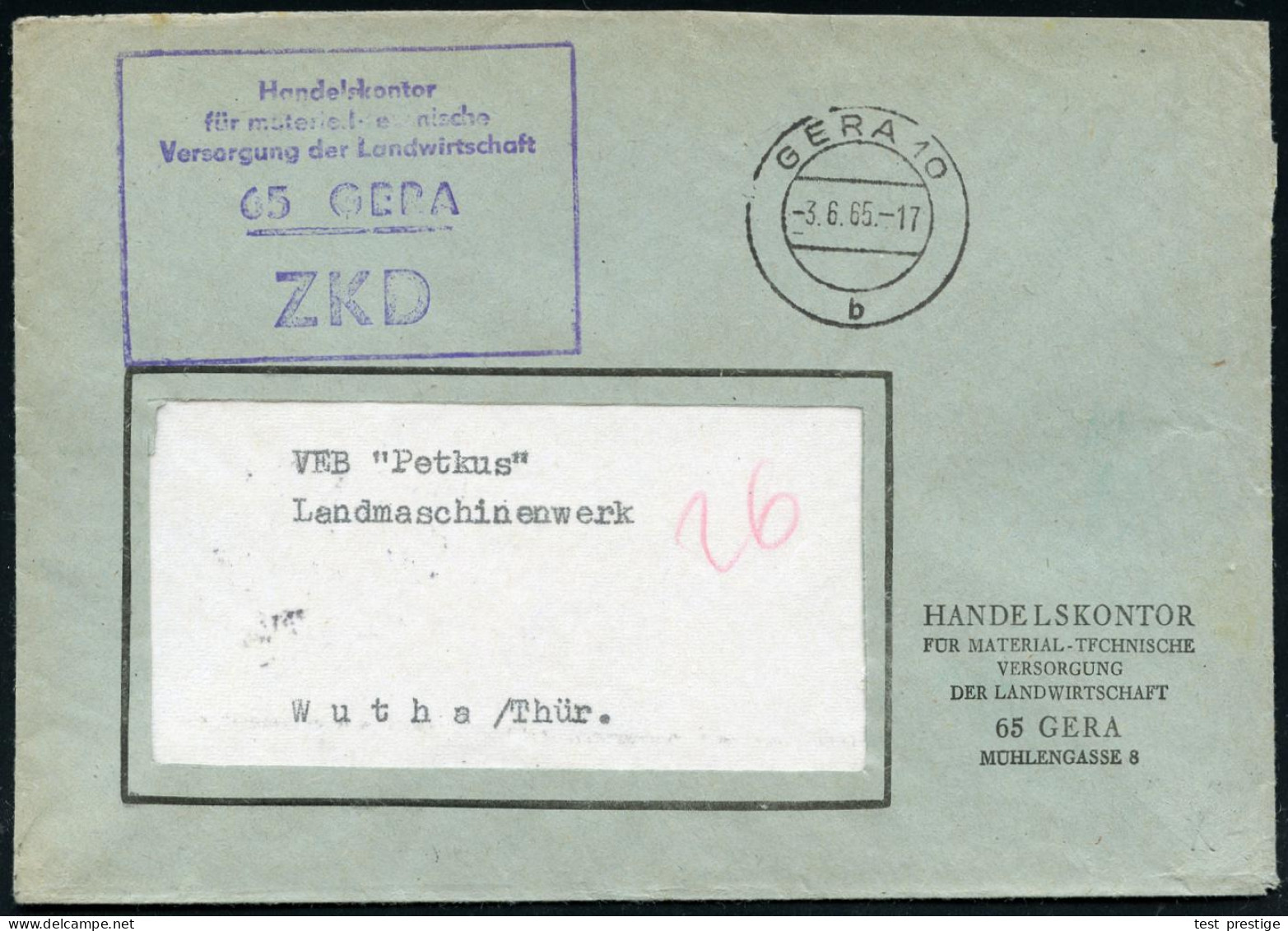 65 GERA/ ZKD/ Handelskontr/ Für Materialtechnologische/ Versorgung Der Landwirtschaft 1965 (3.6.) Viol. ZKD-Ra.5 + 2K-St - Autres & Non Classés