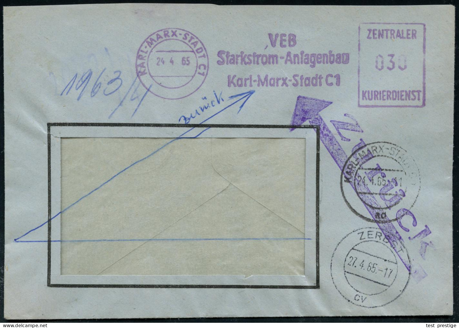 KARL-MARX-STADT C1/ VEB/ Starkstrom-Anlagenbau../ ZKD 1965 (24.4.) Lila ZKD-AFS Francotyp + Hs. U. Viol. Pfeil-HdN: Zurü - Other & Unclassified