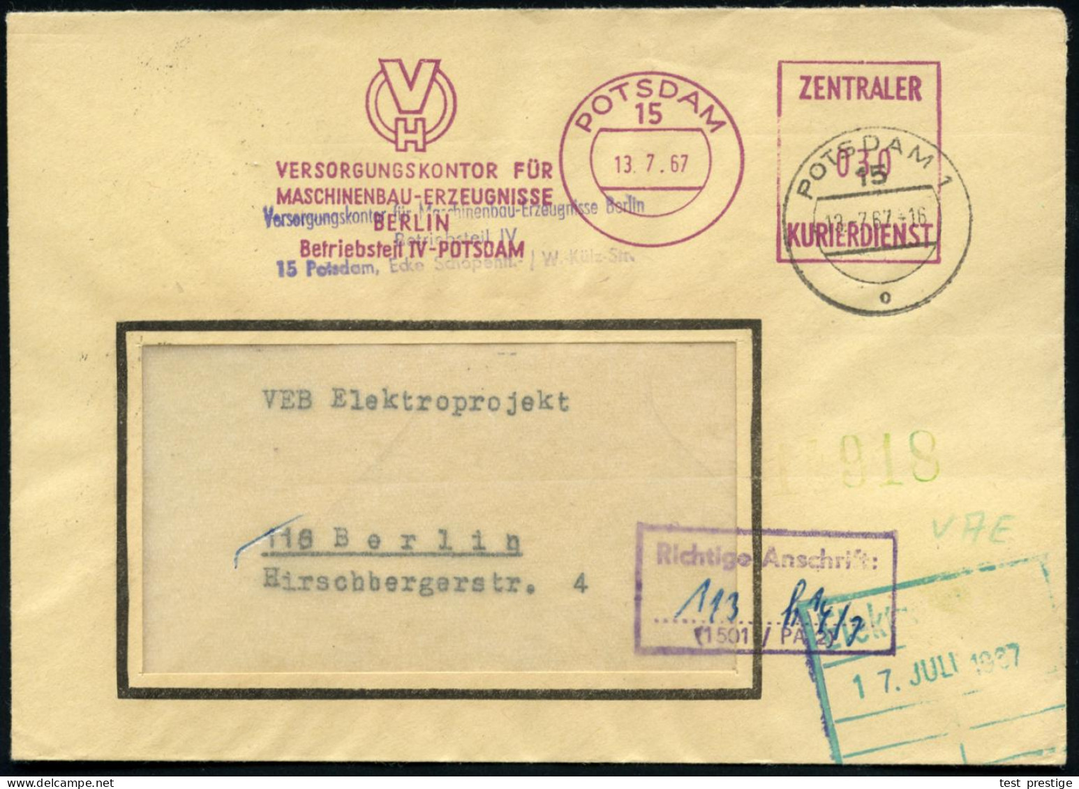 15 POTSDAM/ VH..FÜR/ MASCHINANBAU.. 1967 (13.7.) Lila ZKD-AFS Postalia + Viol. ZKD-HdN: Richtige Anschrift:...... (1501/ - Sonstige & Ohne Zuordnung