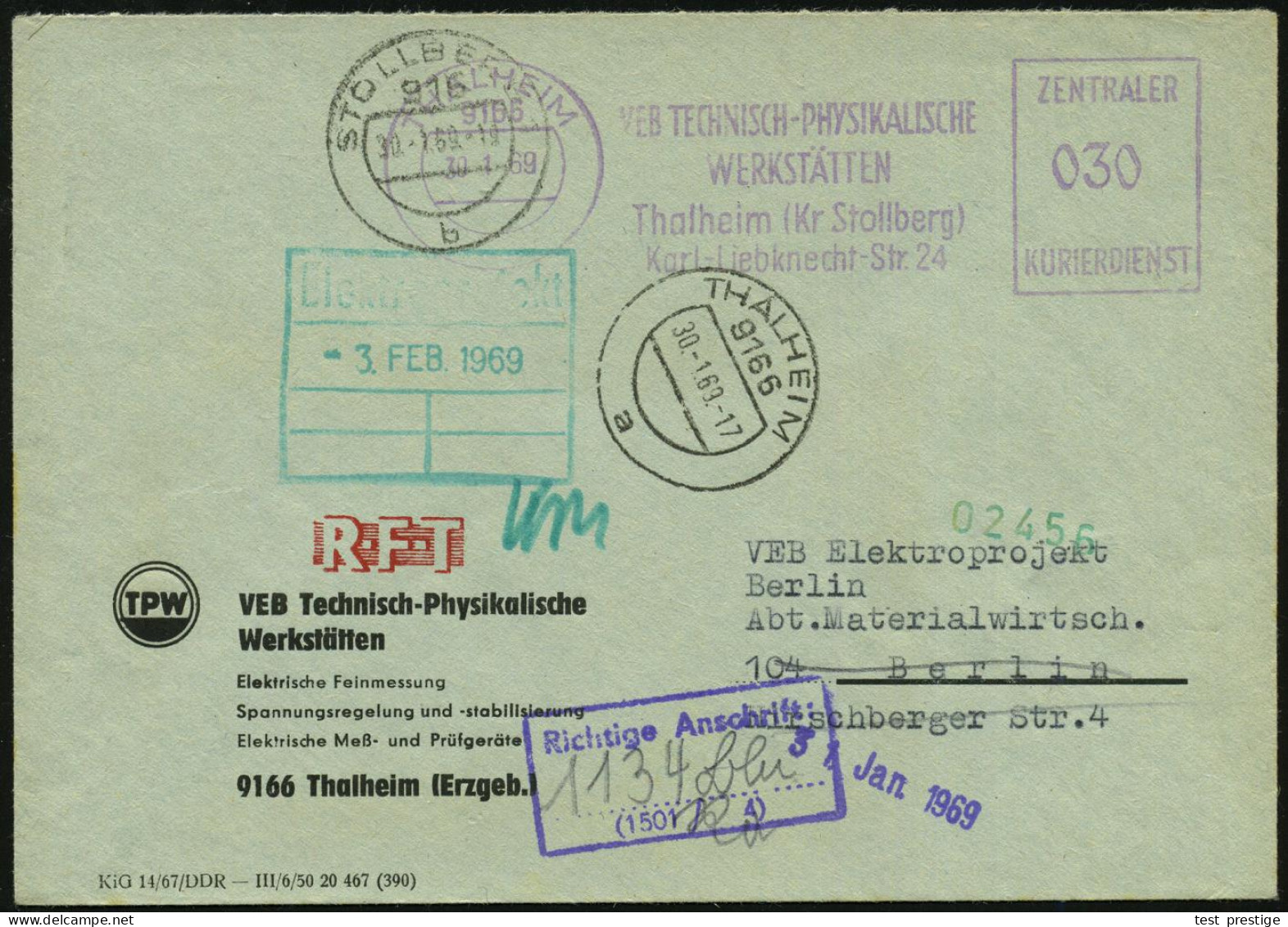 9166 THALHEIM/ VEB TECHNISCH-PHYSIKALISCHE/ WERKSTÄTTEN/ ZKD 1968 (30.1.) Lila ZKD-AFS Francotyp 30 Pf. + Viol. ZKD-Ra.: - Other & Unclassified