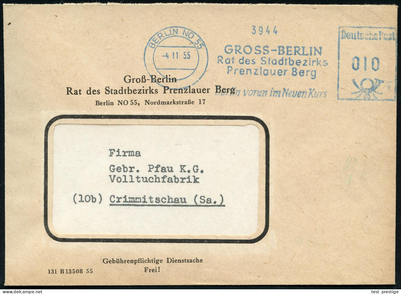 BERLIN NO 55/ GROSS-BERLIN/ Rat Des Stadtbezirks/ Prenzlauer Berg/ Berlin Voran Im Neuen Kurs 1955 (4.11.) Blauer AFS =  - Otros & Sin Clasificación