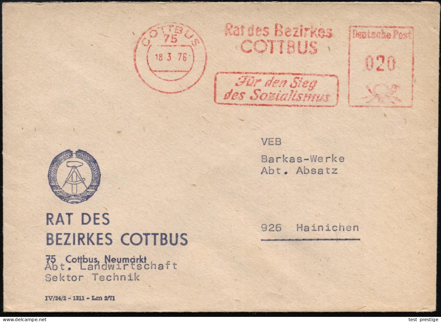 75 COTTBUS/ Rat Des Bezirkes../ Für Den Sieg/ Des Sozialismus 1976 (18.3.) AFS Francotyp Auf Dienstbf. Mit DDR-Wappen -  - Sonstige & Ohne Zuordnung