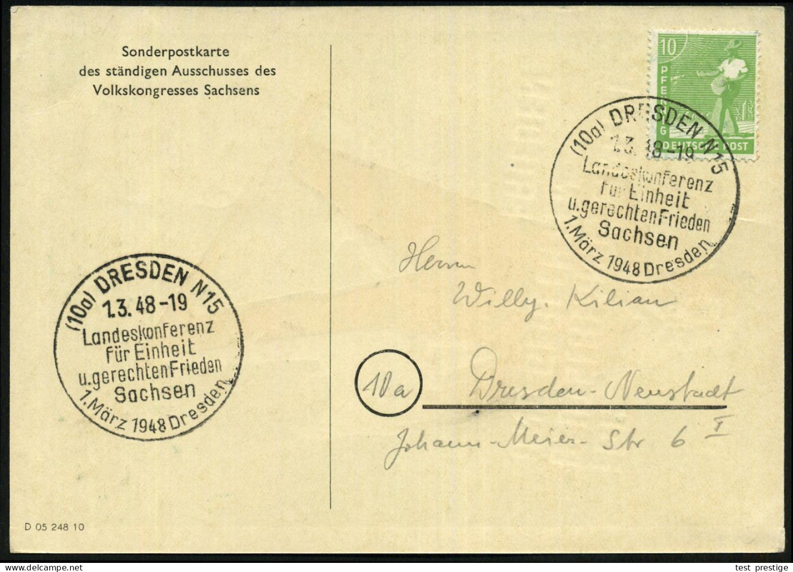 (10a) DRESDEN N 15/ Landeskonferenz/ Für Einheit/ U.gerechten Frieden.. 1948 (1.3.) SSt Auf Zweifarbiger Künstler-Sonder - Autres & Non Classés