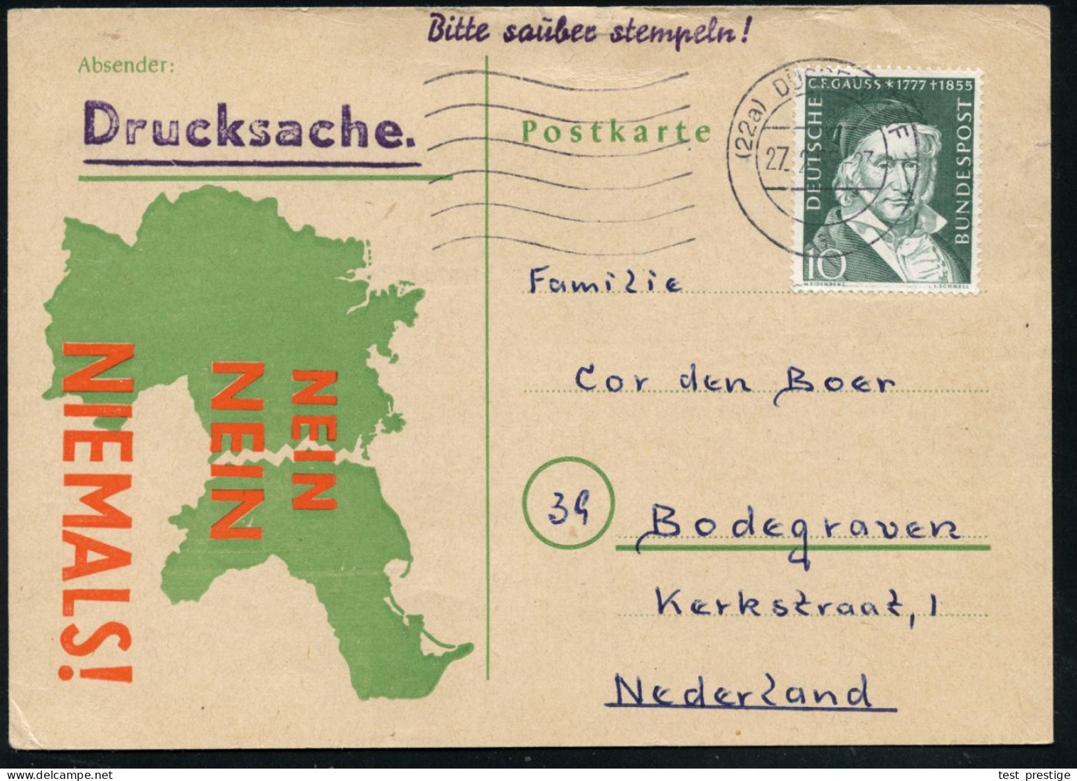 (22a) DÜSSELDORF 1/ A 1955 (27.2.) MaWellenSt Auf Zweifarbiger Propaganda-Kt.: NEIN NEIN NIEMALS! = Abgetrennte Ostgebie - Other & Unclassified