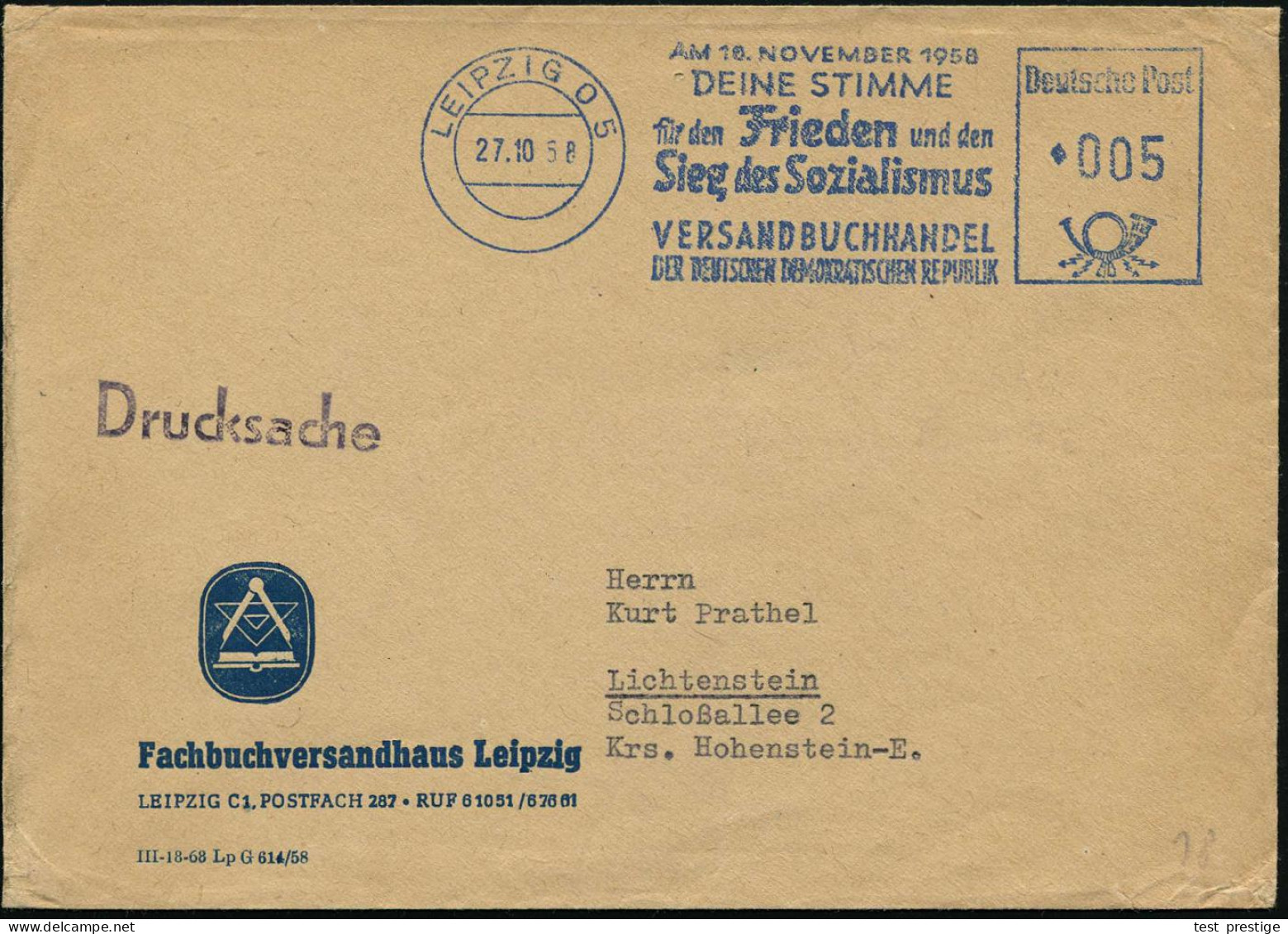 LEIPZIG O5/ AM 10.NOV.1958/ DEINE STIMME/ Für D.Frieden U.den/ Sieg D.Sozialismus/  VERSANDBUCH-HANDEL/ DER DDR 1958 (27 - Sonstige & Ohne Zuordnung