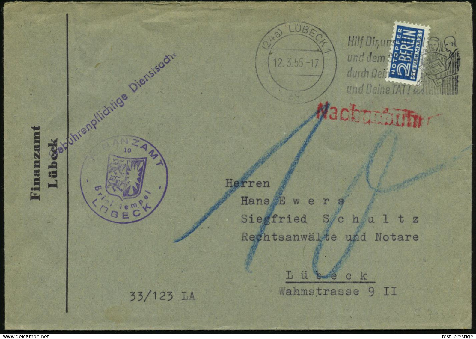 (24a) LÜBECK 1/ Dd/ Hilf Dir,uns ALLEN/ U.dem STAAT.. 1955 (12.3.) Seltener MWSt, Text Rechts (2 Männer Mit "Vorschlags" - Autres & Non Classés