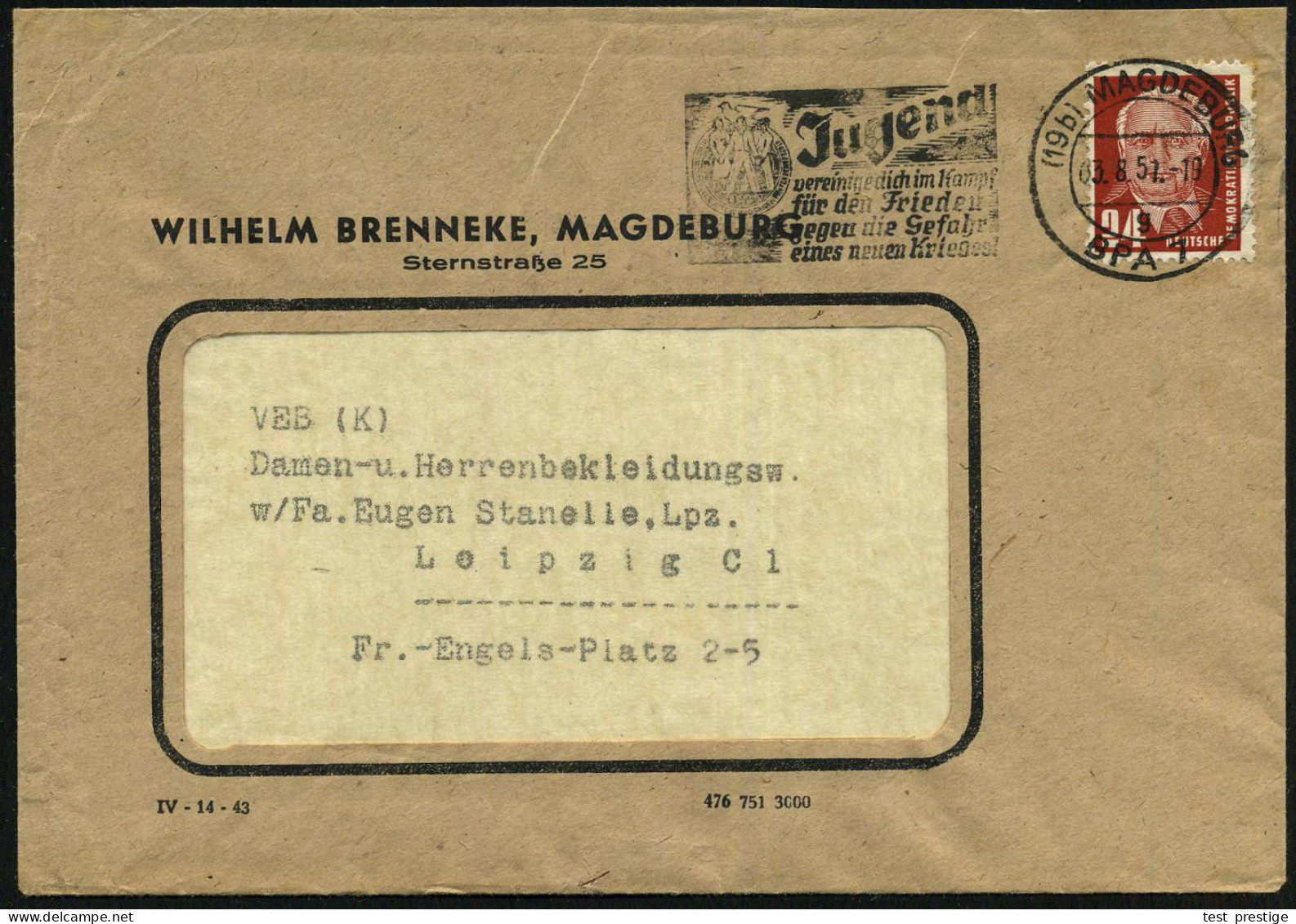 (19b) MAGDEBURG/ BPA 7/ G/ Jugend/ Vereinige Dich Im Kampf/ Für D.Frieden/ Gegen D.Gefahr/ Eines Neuen Krieges! 1951 (3. - Other & Unclassified