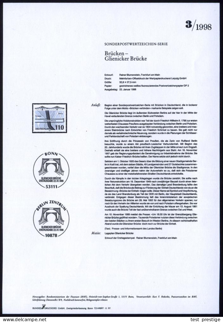 B.R.D. 1998 (Jan.) 110 Pf. "Glienicker Brücke" + Amtl. Handstempel  "M U S T E R", Postfr. + Amtl. Ankündigungsblatt Der - Otros & Sin Clasificación