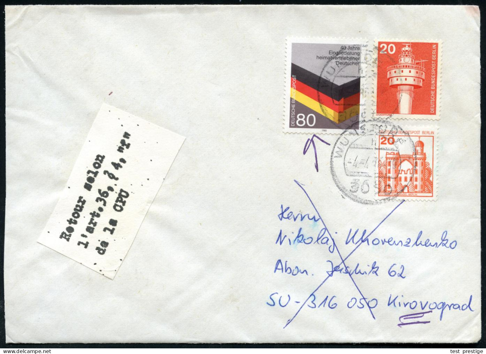 3050 WUNSTORF 1 1986 (4.4.) EF 80 Pf. "40 Jahre Vertreibung" U.a. Nach Kirovograd (UdSSR) Weißer, Sowjet. Klebezettel: R - Other & Unclassified