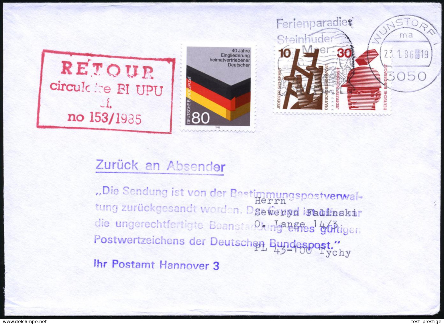 Wunstorf 1986 (23.1.) 80 Pf. "40 Jahre Vertreibung", EF + Roter Ra.: RETOUR/circulaire BI UPU.. + Viol. 6L: Postamt Hann - Otros & Sin Clasificación