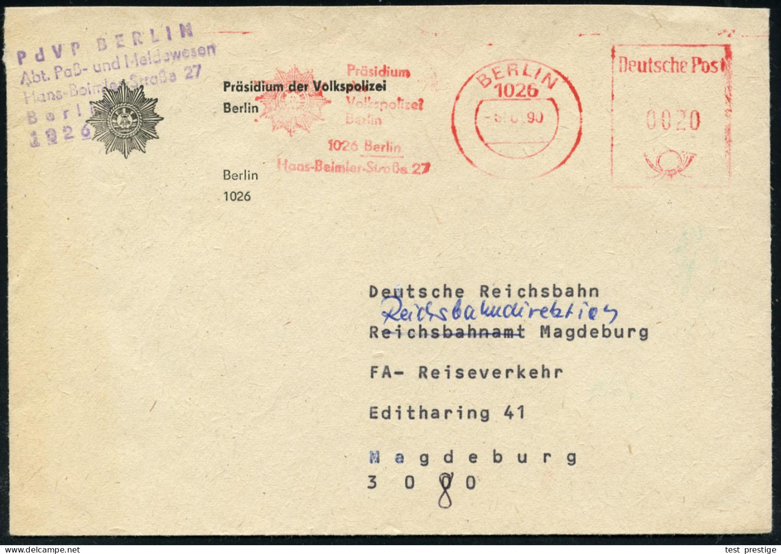 1026 BERLIN/ Präsidium/ Der/ Volkspolizei.. 1990 (5.6.) AFS Postalia 0020 Pf. (vierstellig) = DDR-Polizeistern , Motivgl - Sonstige & Ohne Zuordnung