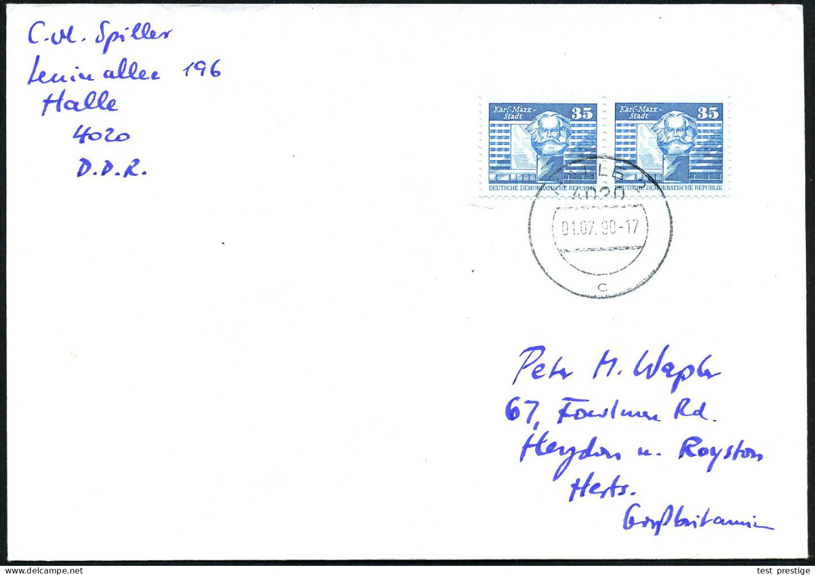 DDR 1990 (1.7.) 1K-Segment: 4020 HALLE 2/c = Postamt Bahnhof Auf Paar 35 Pf. Karl-Marx-Stadt Klar Gest., Portorichtige E - Autres & Non Classés