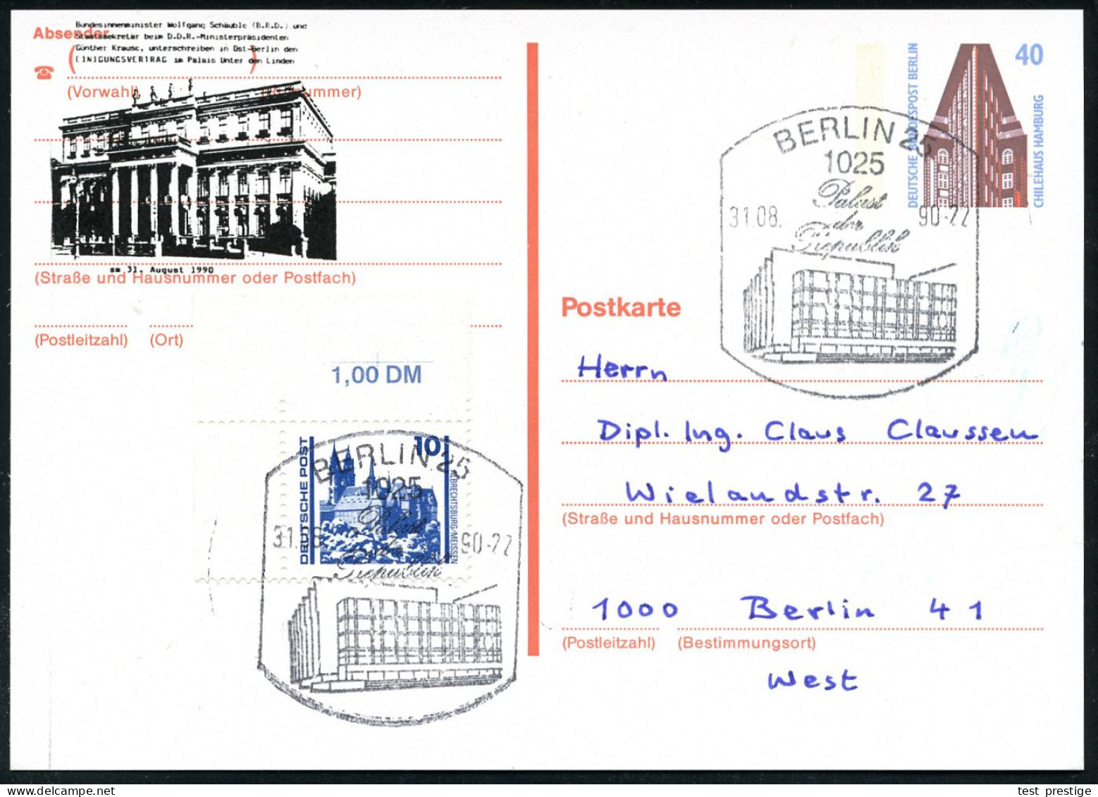 1025 BERLIN 25/ Palast/ Der/ Republik 1990 (31.8.) HWSt = Hauspostamt Der DDR-Volkskammer! Auf Amtl. P 40 Pf. Chilehaus  - Andere & Zonder Classificatie