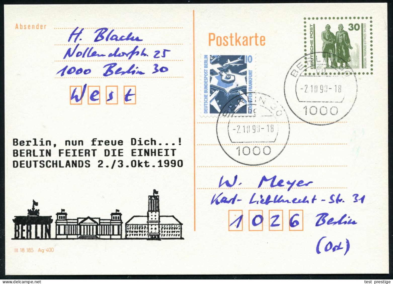 1000 BERLIN 30/ Bg 1990 (2.10.) 1K-Segment (= Berlin-Schöneberg) Auf Amtl. P 30 Pf. VGO Goethe/Schiller + Zudruck: ..BER - Other & Unclassified