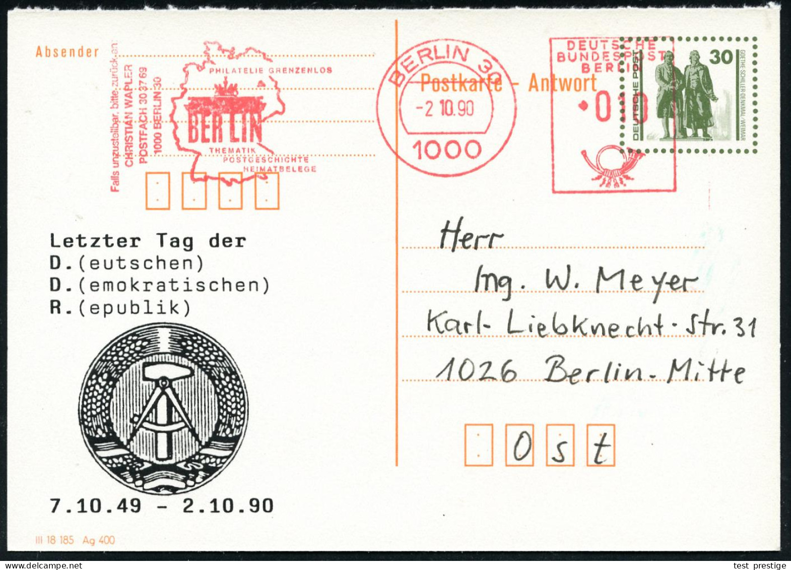 1000 BERLIN 30/ PHILATELIE GRENZENLOS/ BERLIN.. 1990 (2.10.) AFS Francotyp 10 Pf. = Brandenbg. Tor Als VE Auf Amtl. Antw - Otros & Sin Clasificación