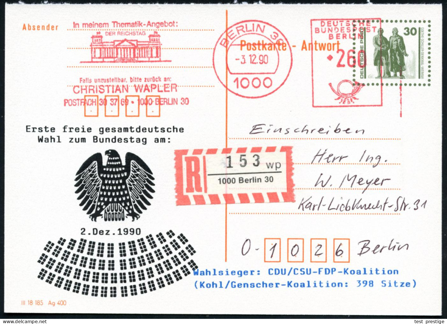 1000 BERLIN 30/ ..DER REICHSTAG.. 1990 (3.12.) AFS Francotyp 260 Pf. = Reichstag Als VE Auf Amtl. VGO Antwort-P 30 Pf. G - Sonstige & Ohne Zuordnung