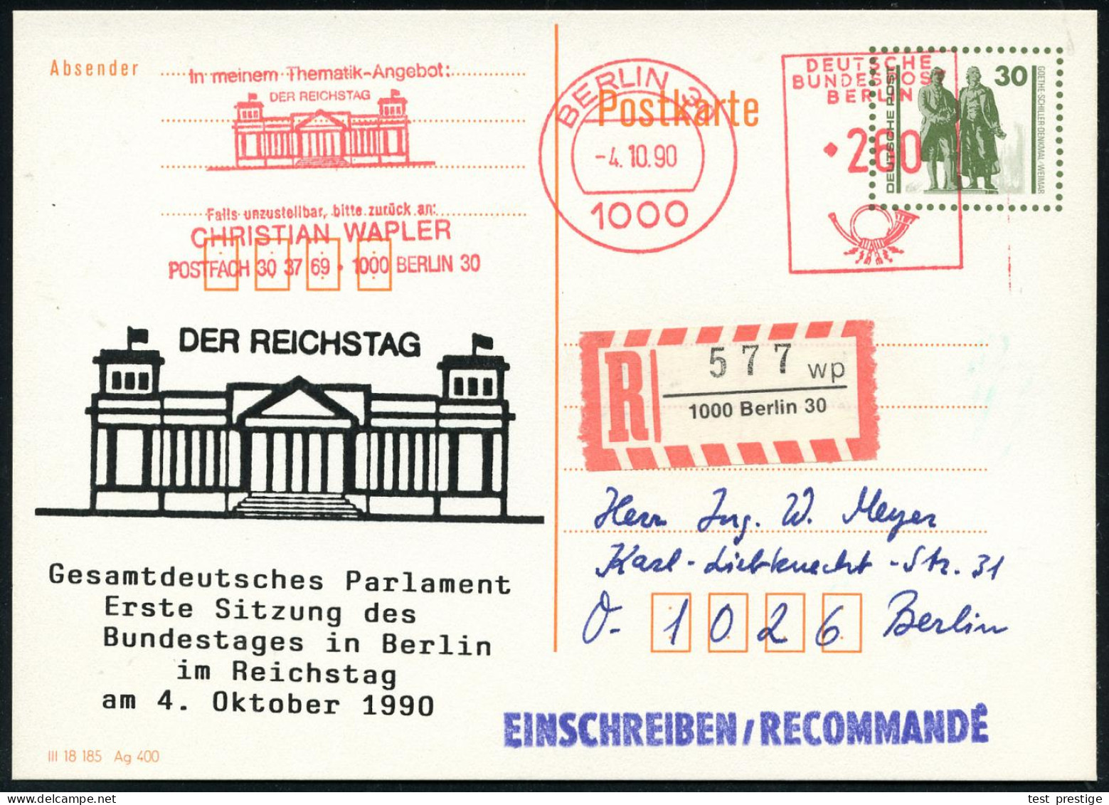 1000 BERLIN 30/ ..DER REICHSTAG.. 1990 (4.10.) AFS Francotyp 260 Pf. = Reichstag Als VE Auf Amtl.P 30 Pf. Goethe/ Schill - Autres & Non Classés