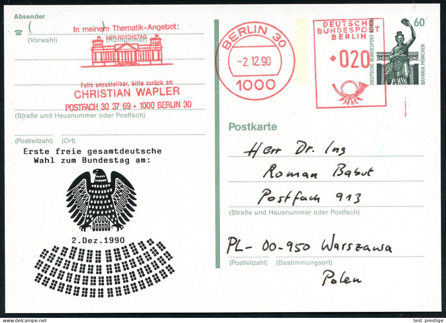 1000 BERLIN 30/ ..DER REICHSTAG.. 1990 (2.12.) AFS Francotyp 020 Pf. (Reichstag) Als VE Auf Amtl. P 60 Pf. Bavaria, Grün - Other & Unclassified