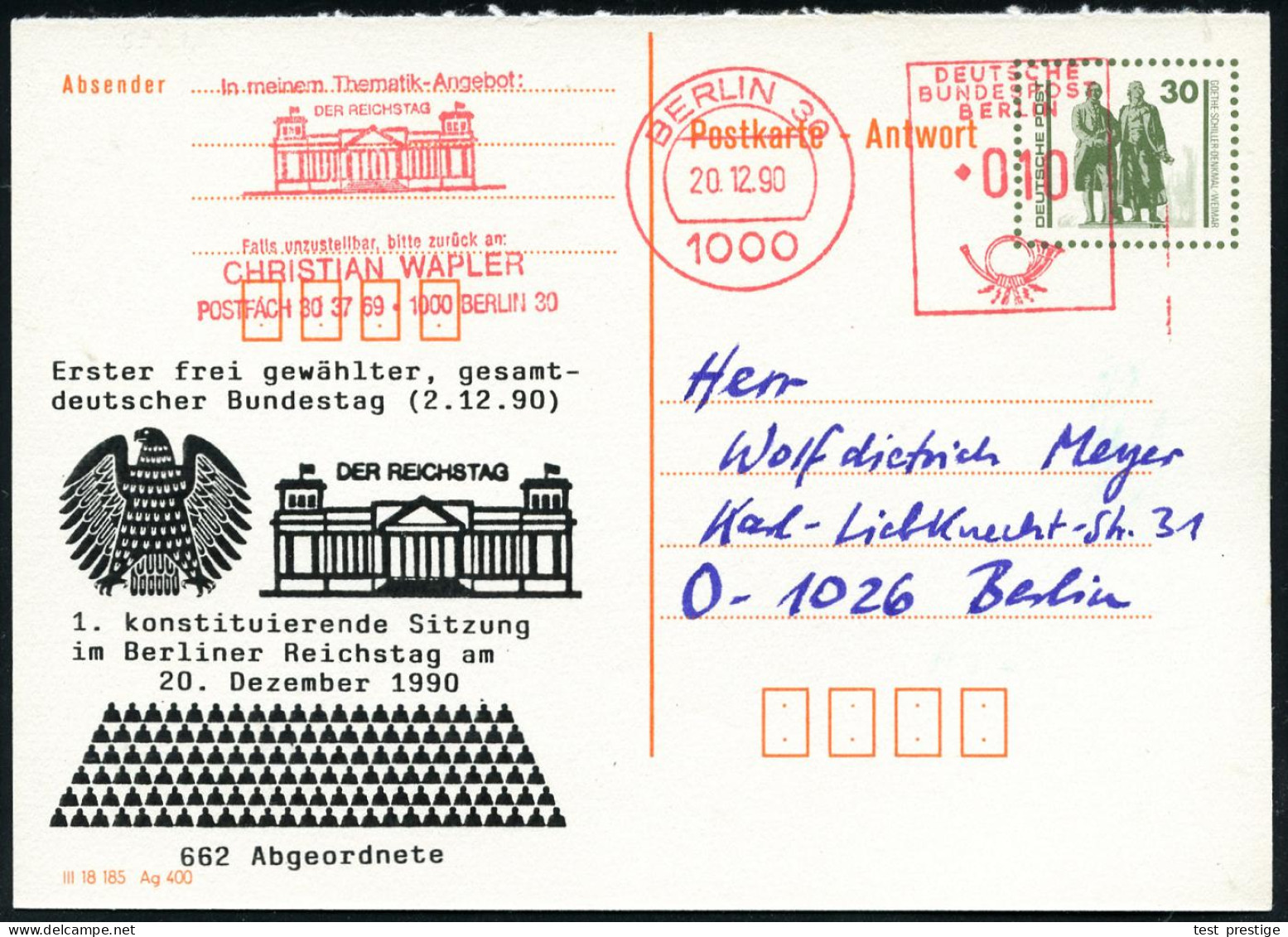 1000 BERLIN 30/ ..DER REICHSTAG.. 1990 (20.12.) AFS Francotyp 010 Pf. = Reichstag Als VE Auf Amtl. VGO Antwort-P 30 Pf.  - Autres & Non Classés