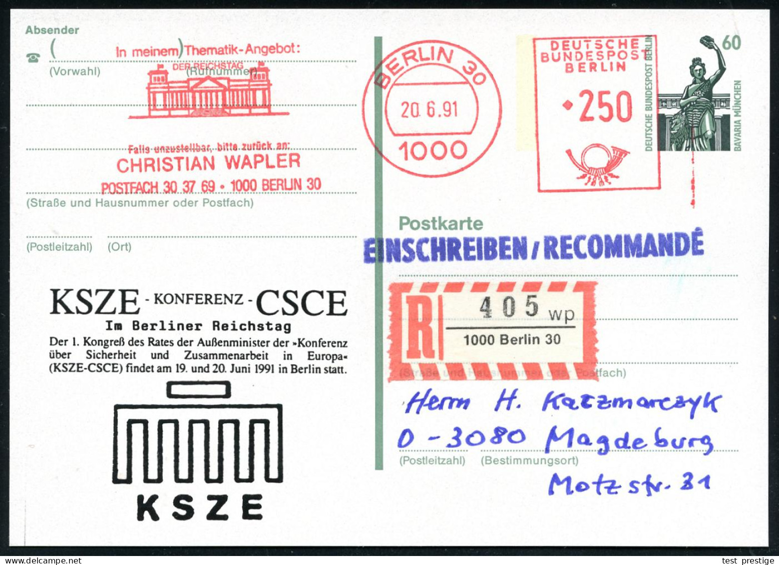 1000 BERLIN 30/ ..DER REICHSTAG.. 1991 (20.6.) AFS Francotyp 250 Pf. = Reichstag Als VE Auf PZD 60 Pf. Bavaria + Zuruck: - Otros & Sin Clasificación