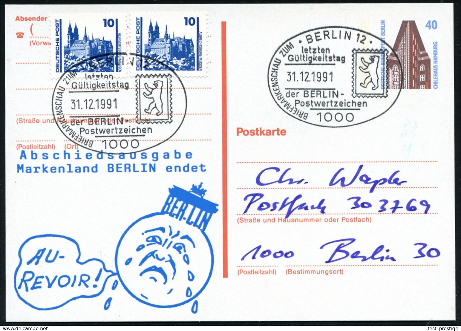 1000 BERLIN 12/ Letzter/ Gültigkeitstag/ Der BERLIN-/ POSTWERTZEICHEN.. 1991 (31.12.) SSt = Berl. Bär Auf Amtl. P 40 Pf. - Autres & Non Classés