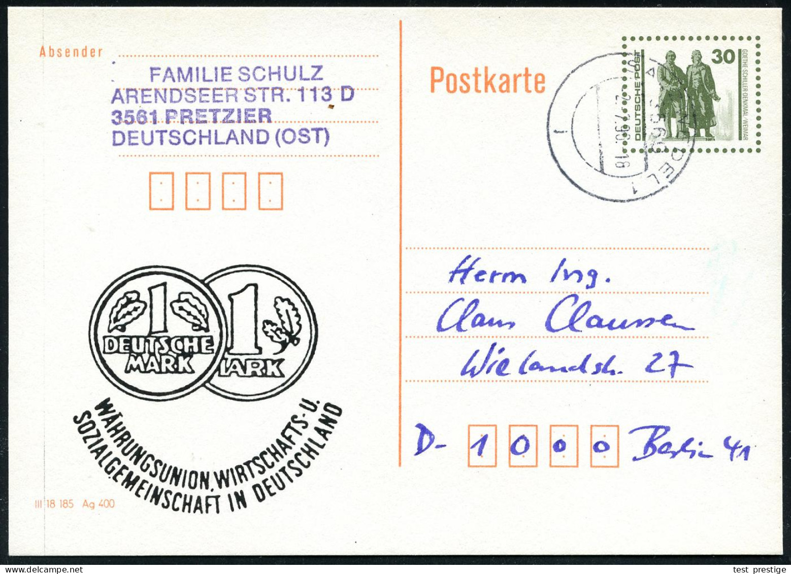 D.D.R. 1990 (2.7.) 1K-Segment: 3550 SALZWEDEL  1/j Auf Inl.-P 30 Pf. VGO Goethe/Schiller , Oliv + Zudruck: DEUTSCHE MARK - Other & Unclassified