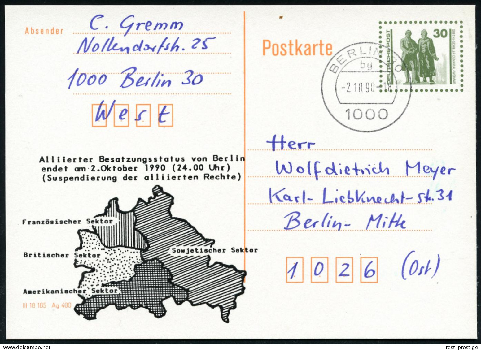 D.D.R. /  VGO 1990 (2.10.) Amtl. P 30 Pf. VGO Goethe/Schiller + Zudruck: Alliierter Besatzungsstatus Von Berlin Endet Am - Autres & Non Classés