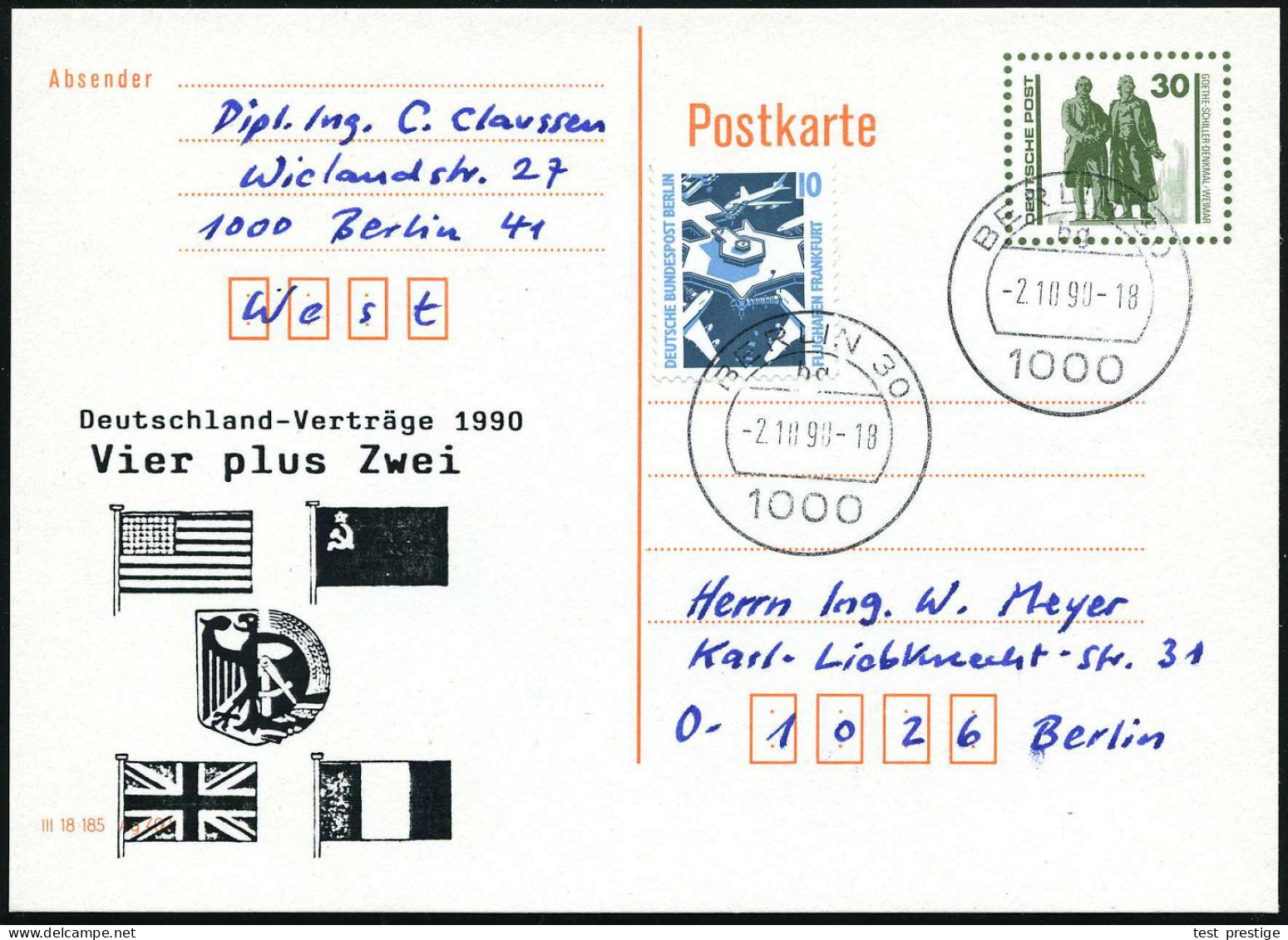 BERLIN /  VGO 1990 (2.10.) Amtl. P 30 Pf. VGO Goethe/Schiller , Oliv + Zudruck: Deutschland-Verträge 1990, Vier Plus Zwe - Sonstige & Ohne Zuordnung