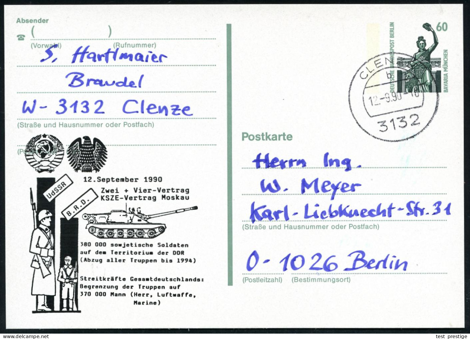 BERLIN /  B.R.D. 1990 (12.9.) Amtl. P 60 Pf. Bavaria Berlin + Zudruck: KSZE-Vertrag Moskau = Abzug Der "Westgruppe" Sowj - Autres & Non Classés